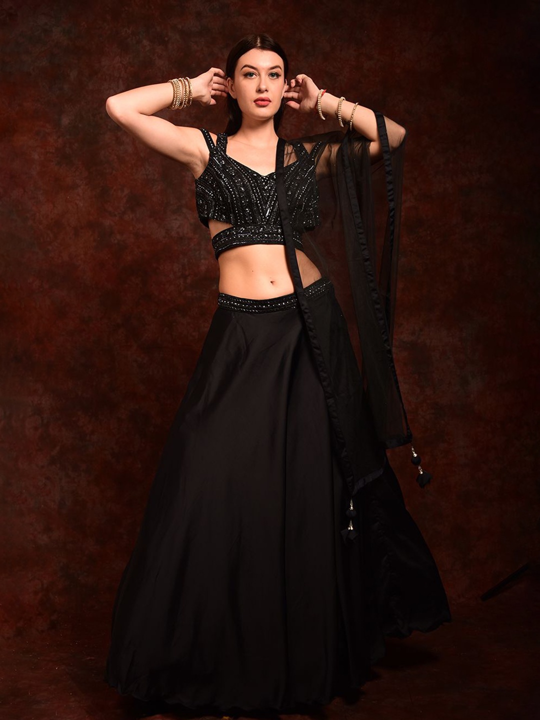 

Laalzari Embroidered Sequinned Ready to Wear Lehenga & Blouse With Dupatta, Black