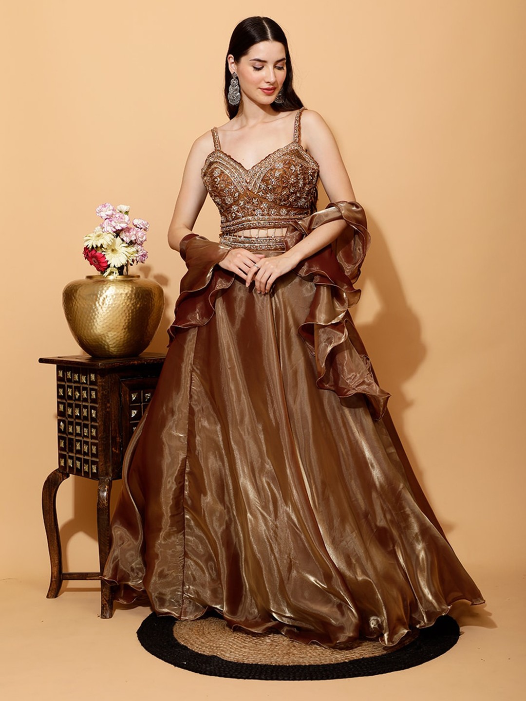

Laalzari Embroidered Beads and Stones Ready to Wear Lehenga & Blouse With Dupatta, Gold