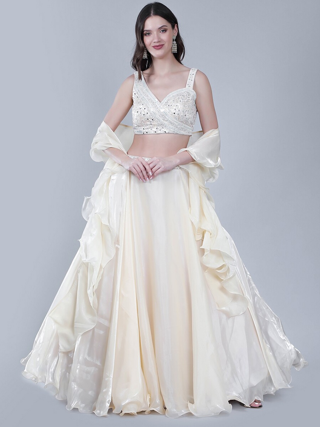 

Laalzari Embroidered Ready to Wear Lehenga & Blouse With Ruffled Dupatta, White