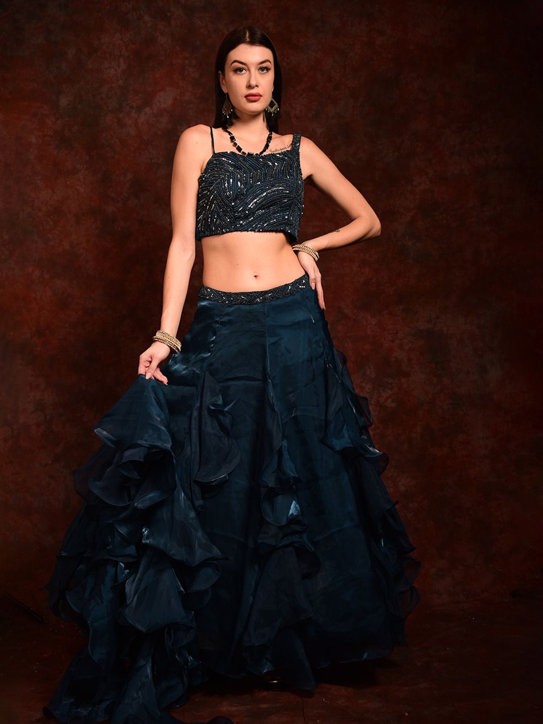 

Laalzari Embroidered Beads and Stones Tissue Ready to Wear Lehenga & Blouse With Dupatta, Navy blue