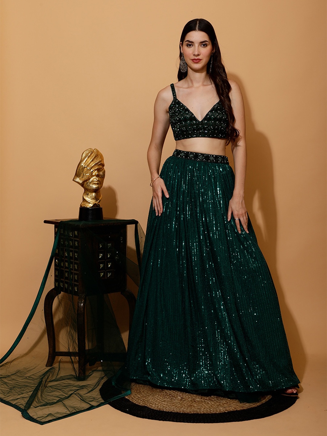 

Laalzari Embellished Sequinned Ready to Wear Lehenga & Blouse With Dupatta, Green