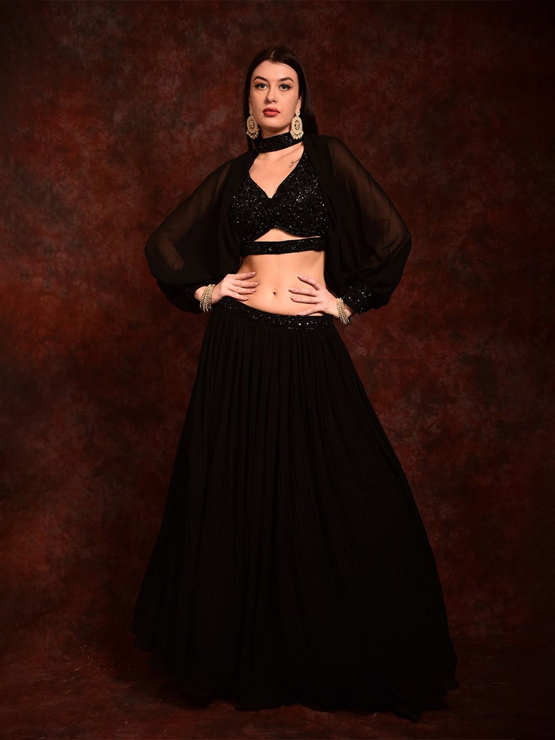 

Laalzari Embroidered Sequinned Ready to Wear Lehenga With Choker Crop Top, Black