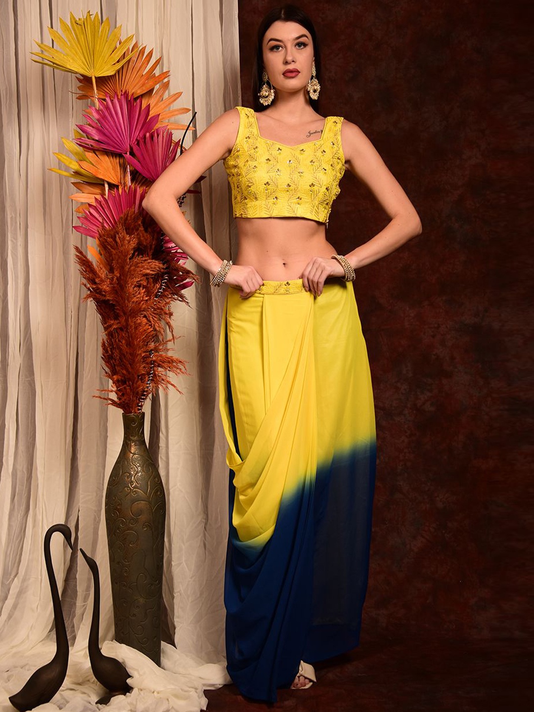 

Laalzari Embroidered Ready to Wear Lehenga With Choli & Shrug, Yellow
