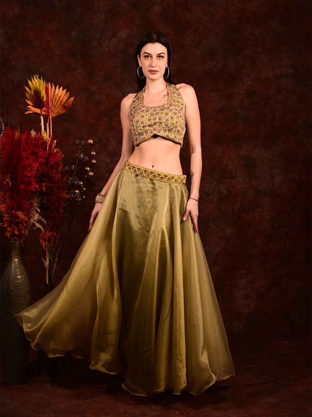 

Laalzari Embroidered Beads and Stones Ready to Wear Lehenga With Blouse & Choker, Olive