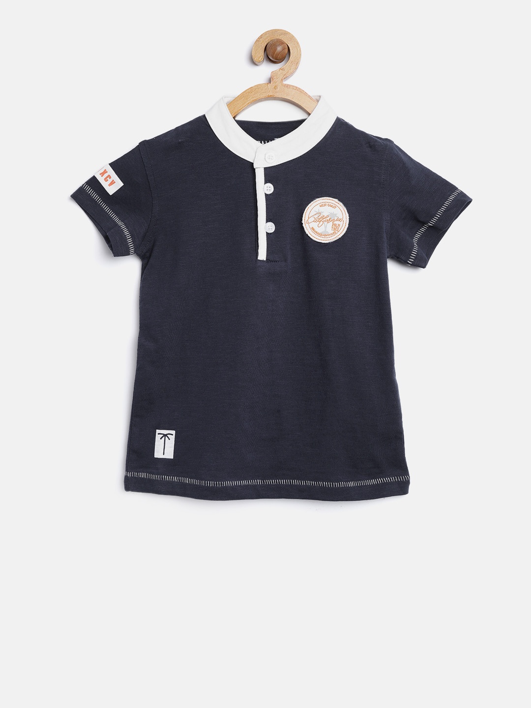 

Palm Tree Boys Navy Blue Solid Mandarin Collar T-shirt