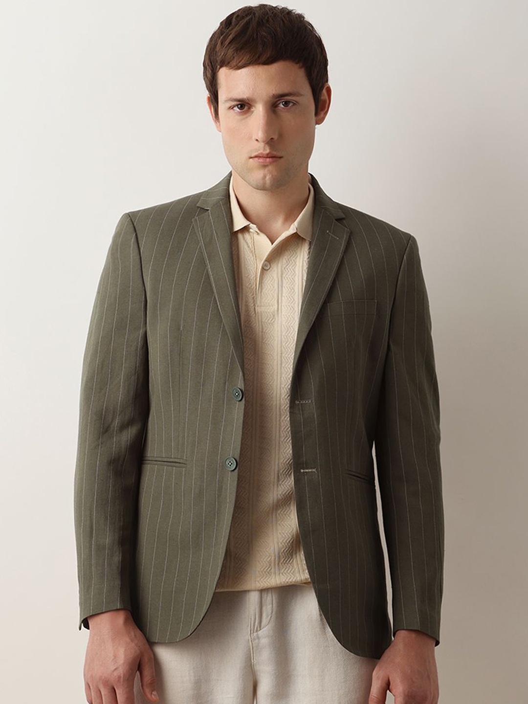 

SELECTED Striped Slim-Fit Notched Lapel Collar Single-Breasted Casual Blazer, Green