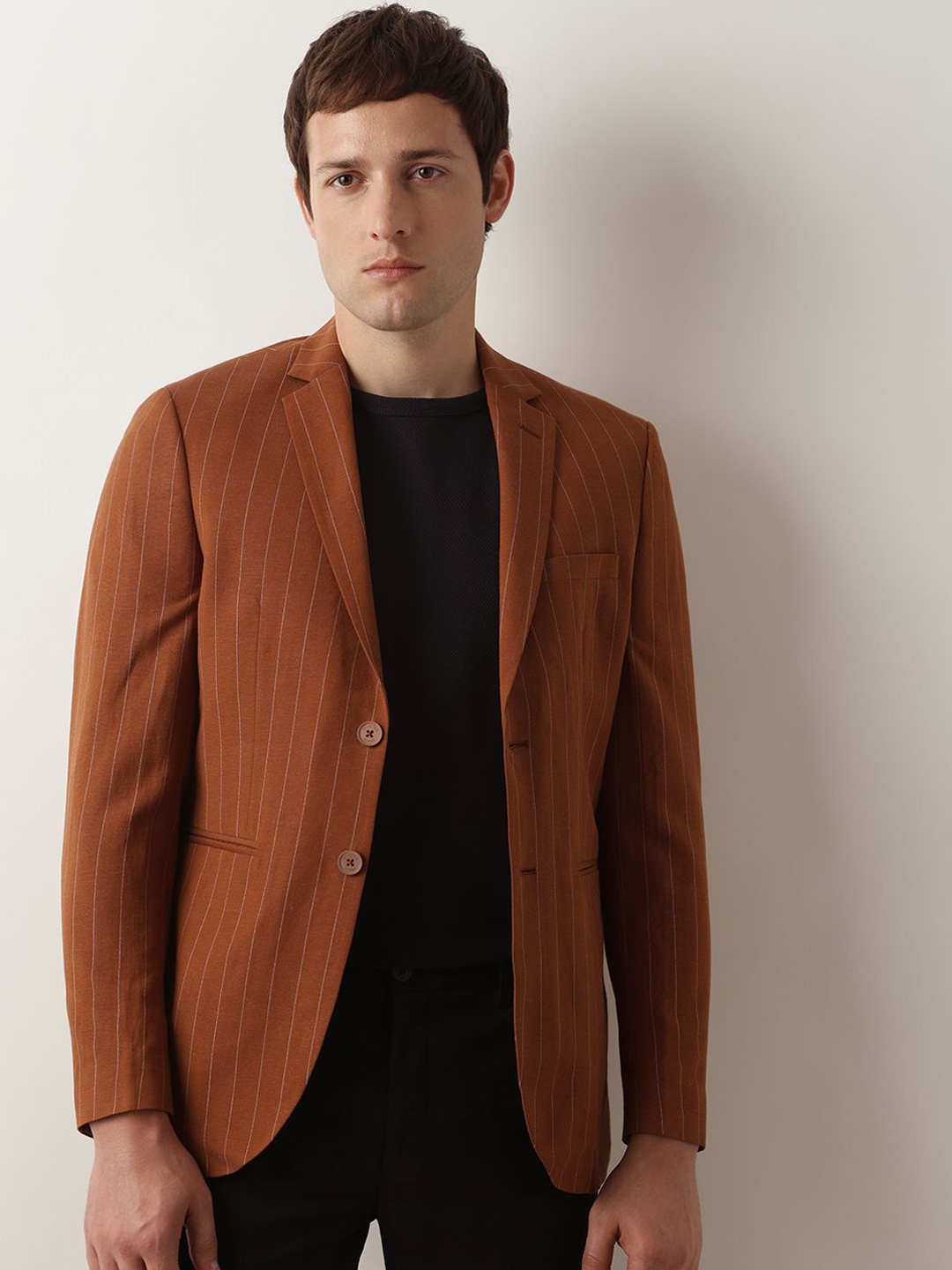 

SELECTED Striped Slim-Fit Notched Lapel Collar Single-Breasted Casual Blazer, Rust