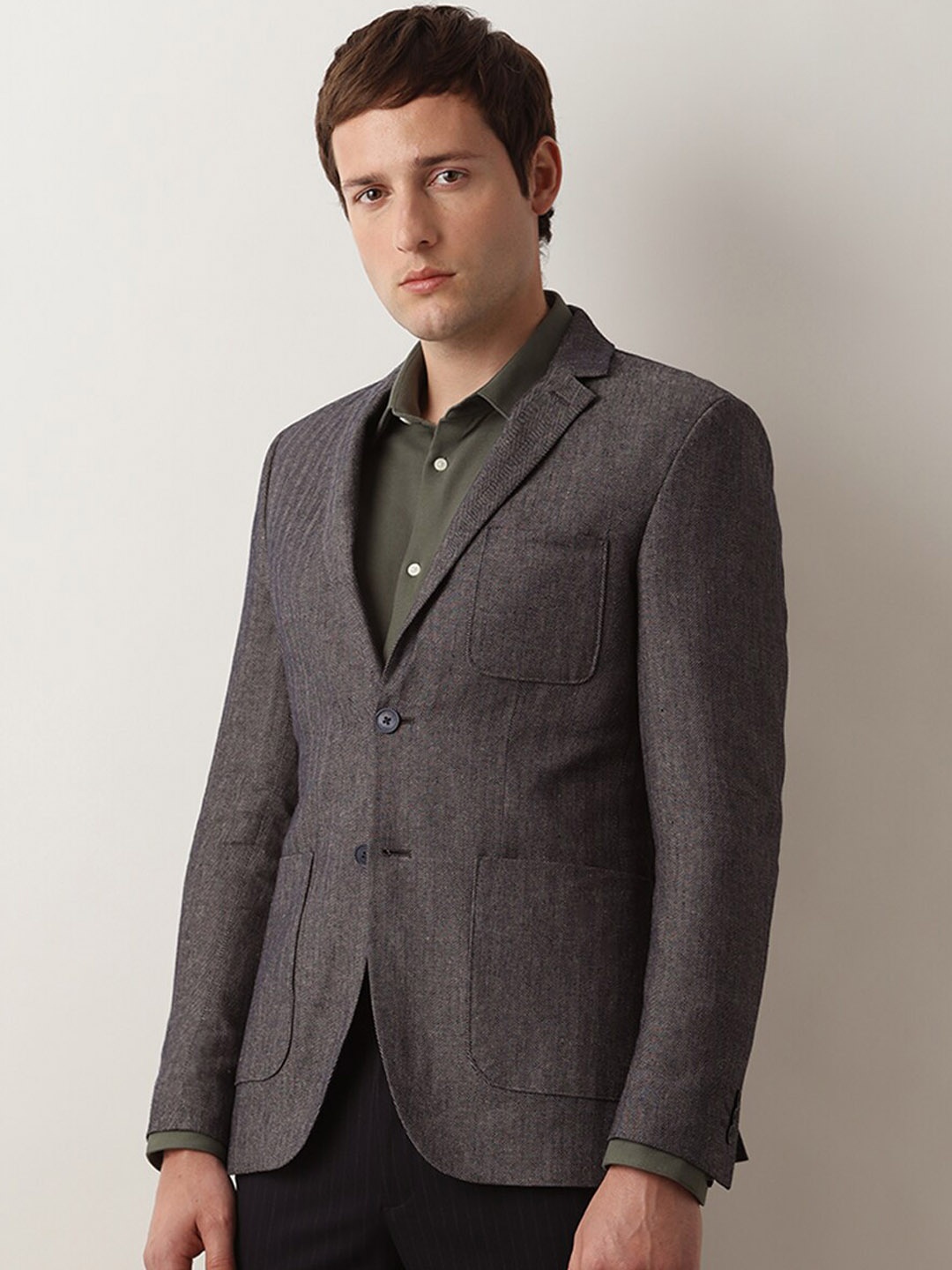 

SELECTED Textured Slim-Fit Notched Lapel Collar Single-Breasted Casual Blazer, Grey