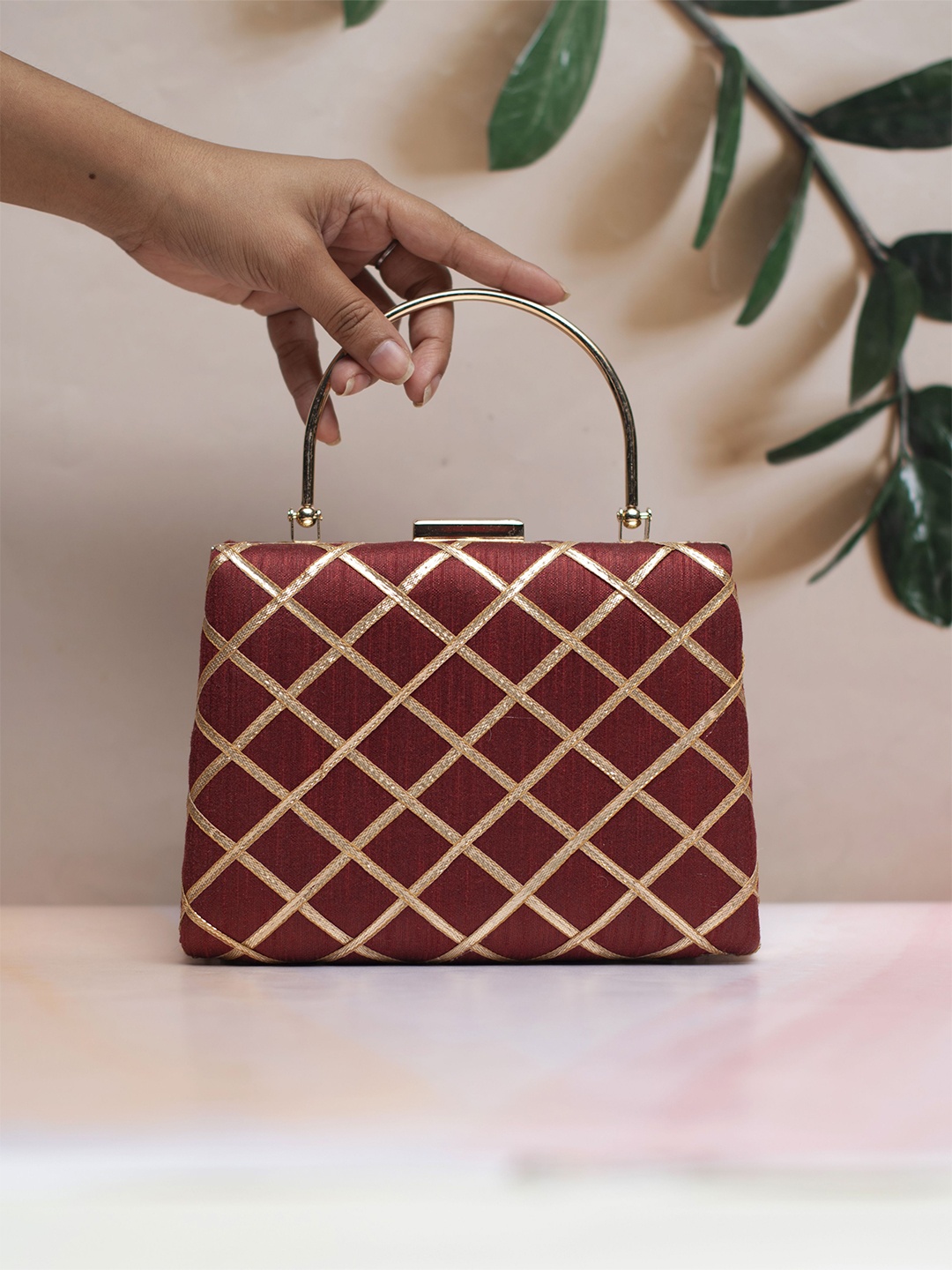 

ARTKLIM Embroidered Gota Patti Box Clutch, Maroon