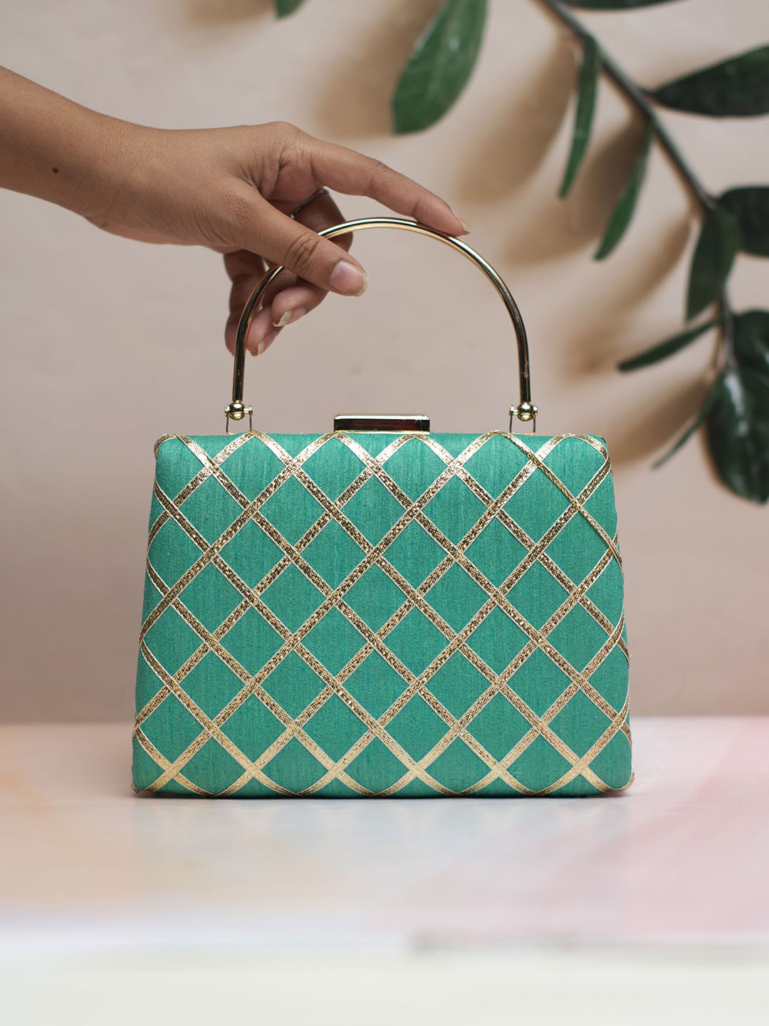 

ARTKLIM Embellished Gota Patti Fabric Party Box Clutch, Turquoise blue