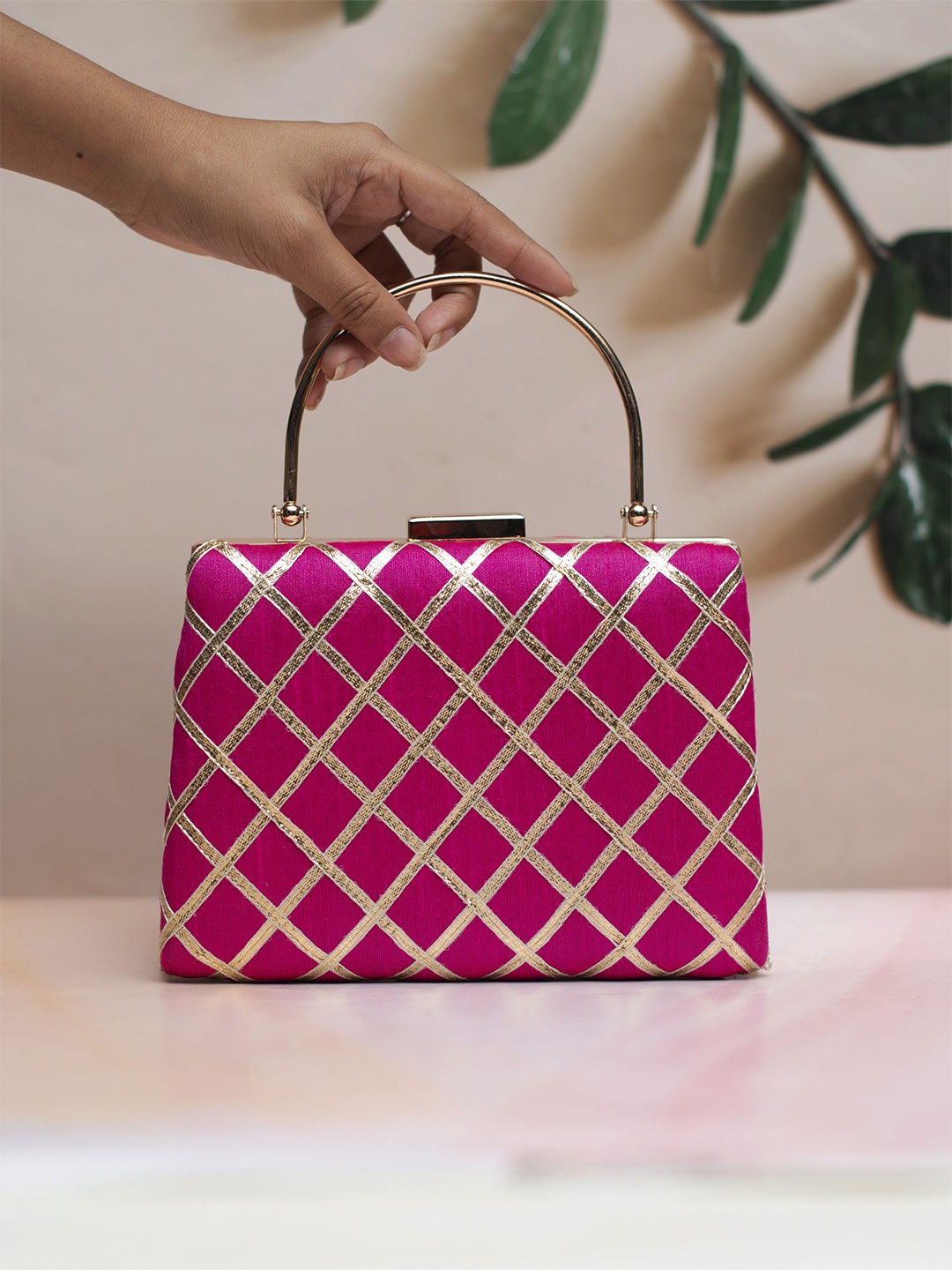 

ARTKLIM Embroidered Gota Patti Box Clutch, Magenta