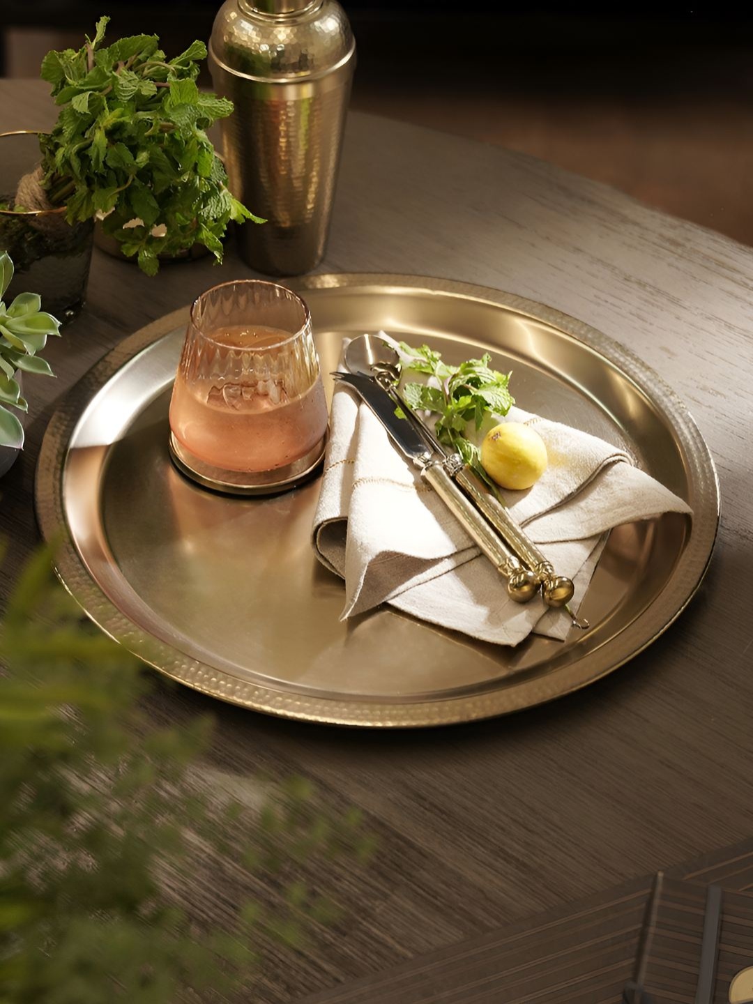 

Pure Home and Living Beige Hammered Textured Matte Finish Round Metal Serving Tray