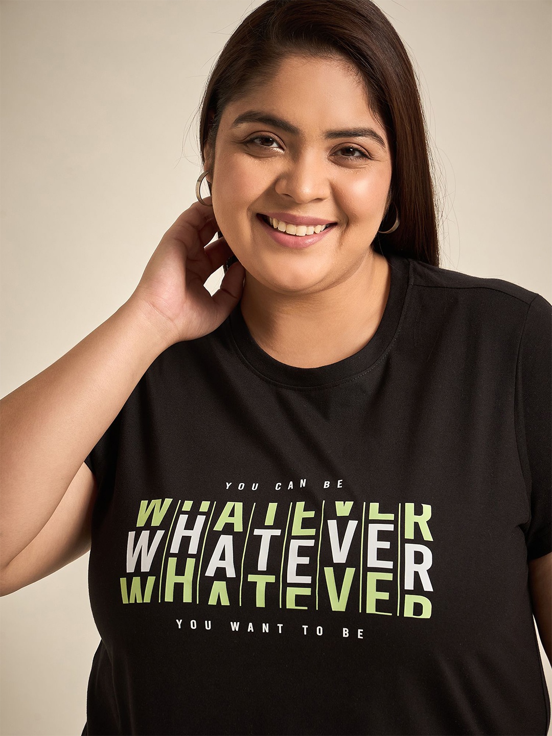 

Sztori Round Neck Short Sleeves Typographic Printed Cotton Plus Size T-shirt, Black