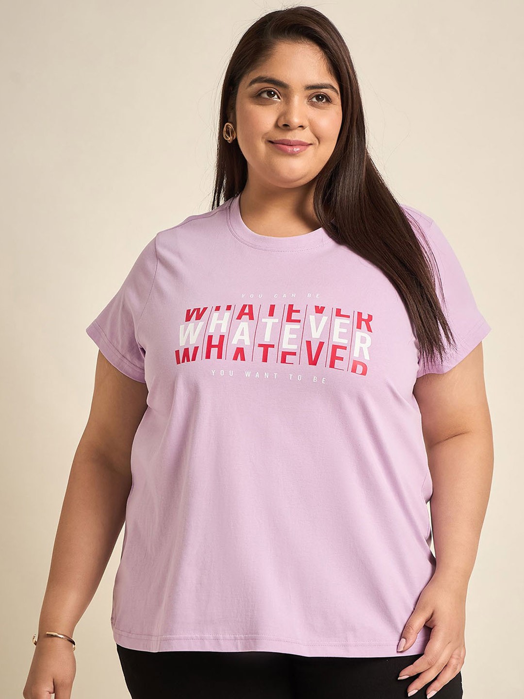 

Sztori Plus Size Typography Printed Round Neck Relaxed Fit T-shirt, Purple