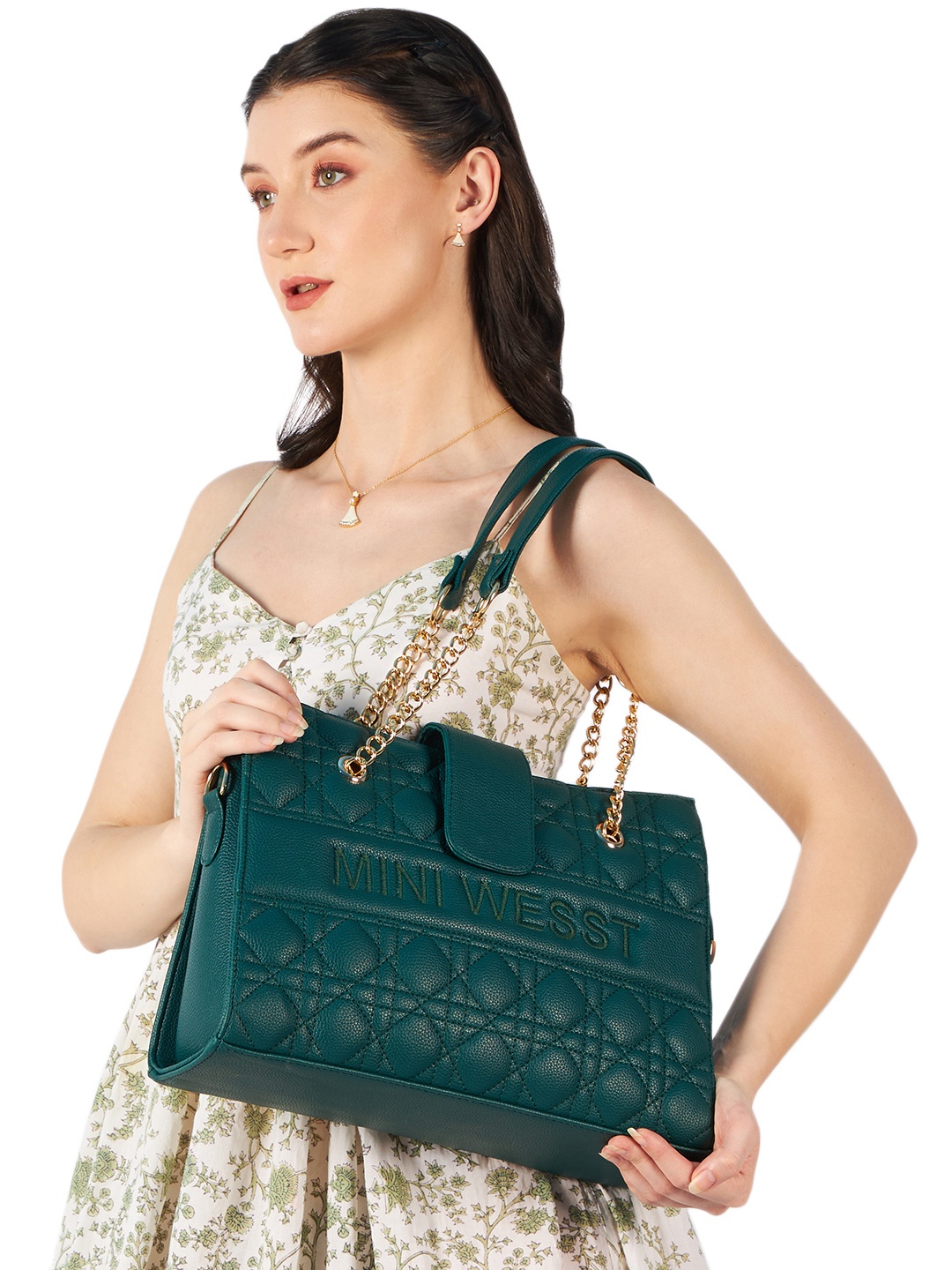 

MINI WESST Geometric Textured Structured Handheld Bag Up to 12 inch, Green