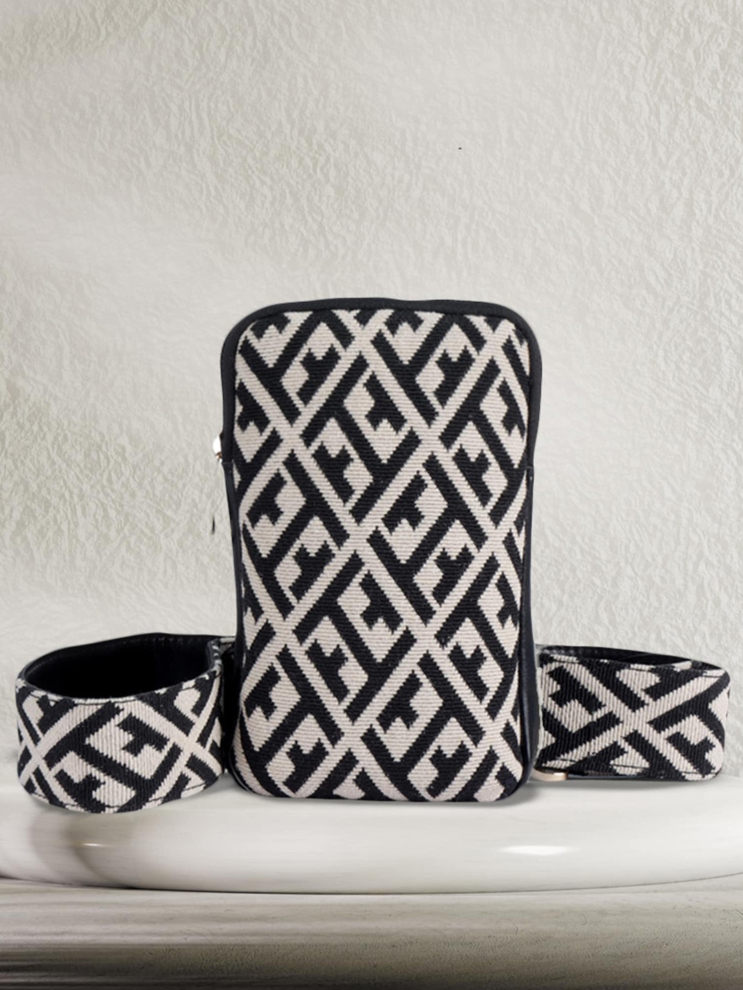 

MINI WESST Geometric Printed Structured Mobile Sling Bag, Black