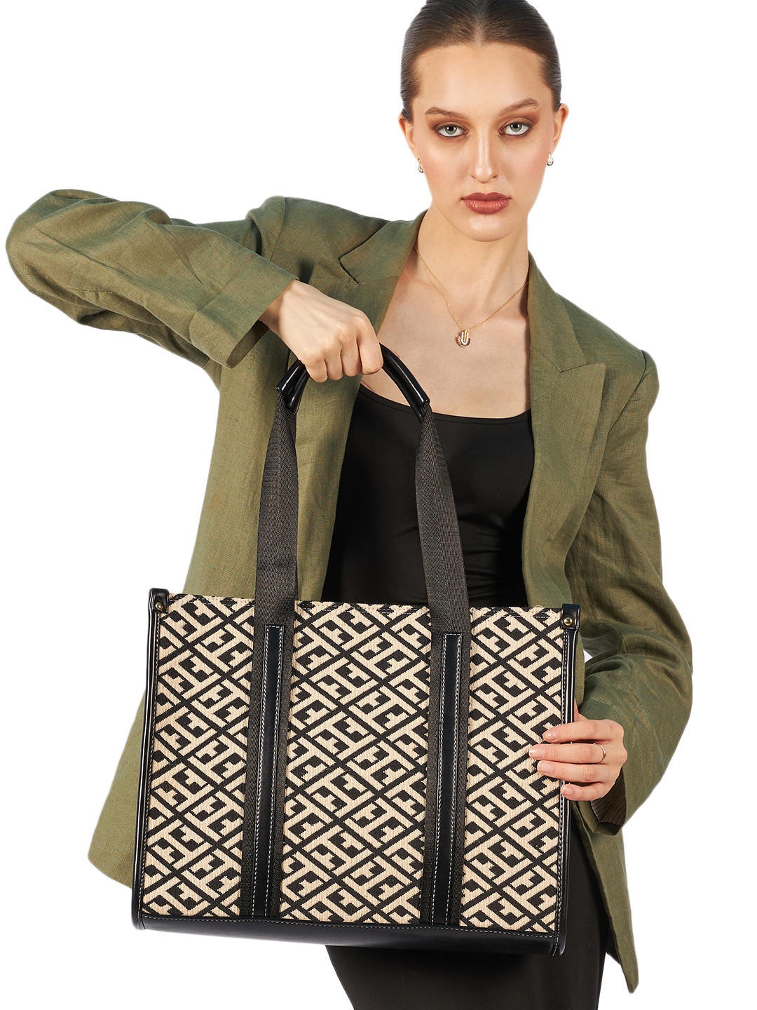 

MINI WESST The Venice Love Geometric Printed Oversized Shopper Tote Bag, Black