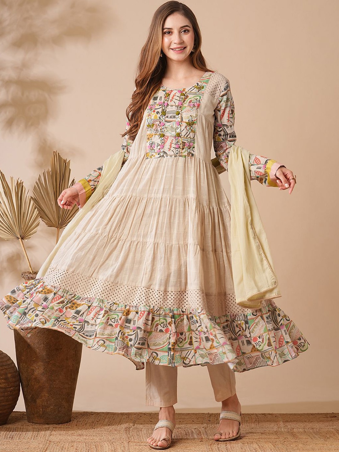 

FASHOR Ethnic Motifs Embroidered Tiered Pure Cotton Kurta with Trousers & Dupatta, Beige