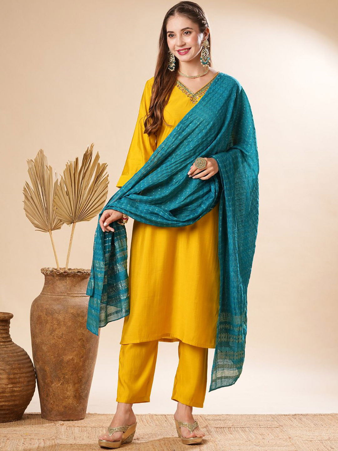 

FASHOR Ethnic Motifs Embroidered V-Neck Straight Kurta with Trousers & Dupatta, Yellow