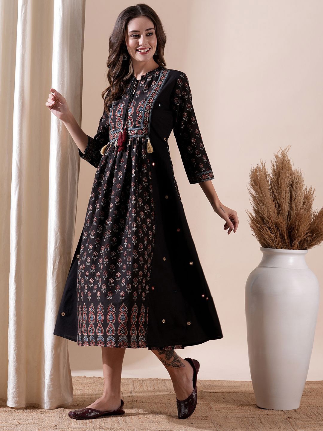 

FASHOR Ethnic Motifs Print Tie-up Neck Cotton A-Line Midi Dress, Black