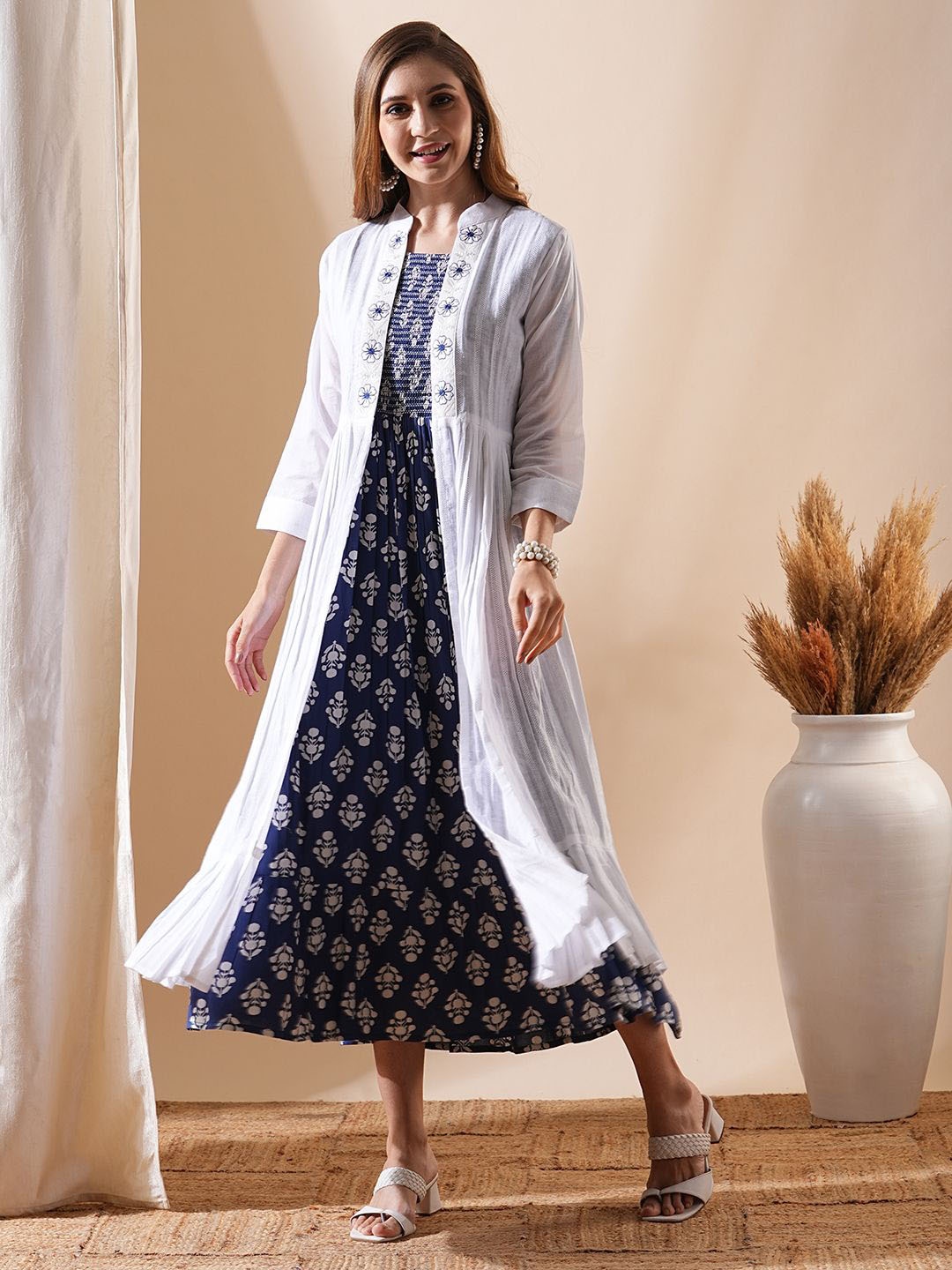 

FASHOR Mandarin Collar Smocked A-Line Maxi Dress With Long Jacket, Blue