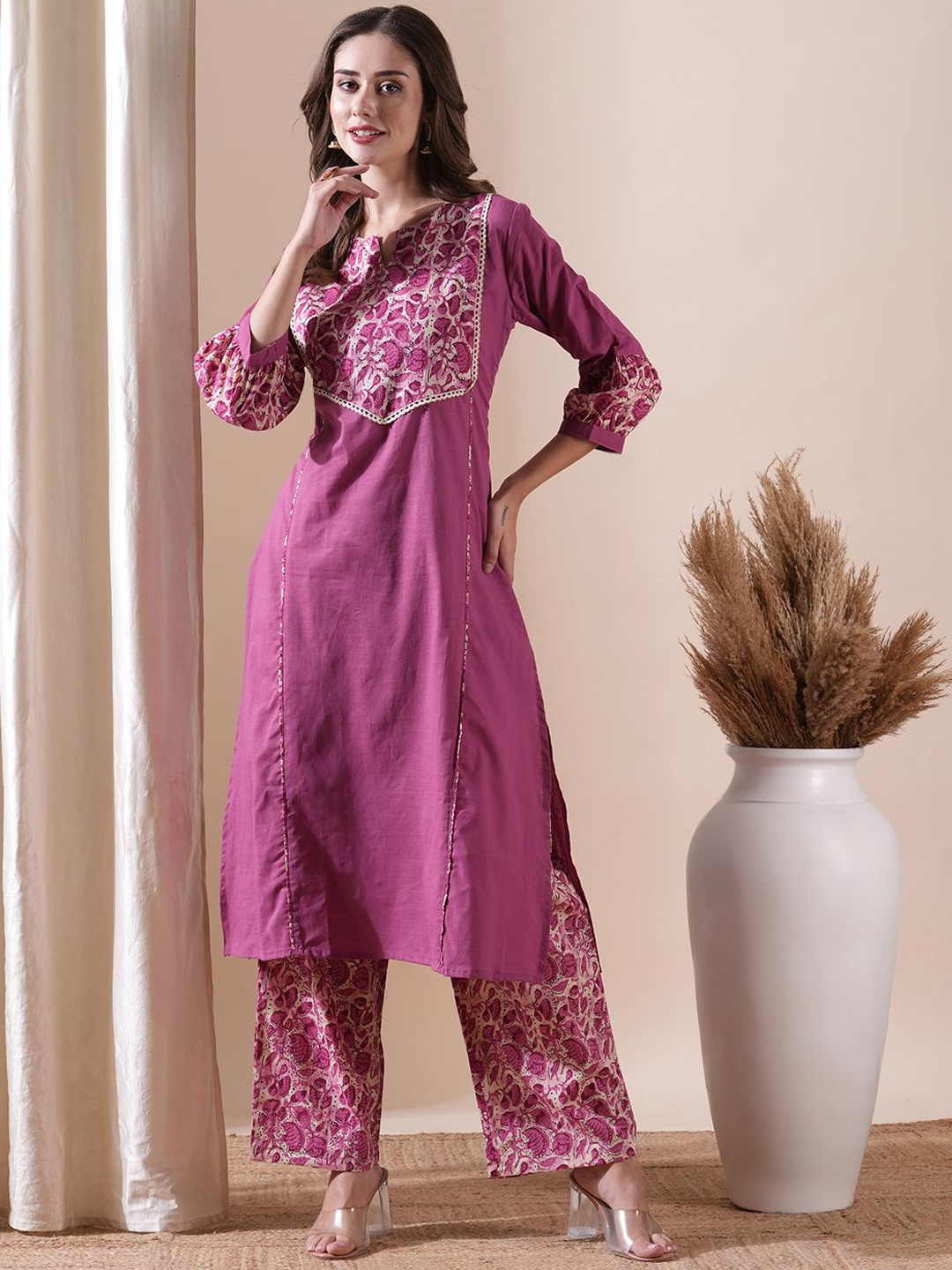 

FASHOR Yoke Design Panelled Puff Sleeves Pure Cotton Kurta with Palazzos, Pink