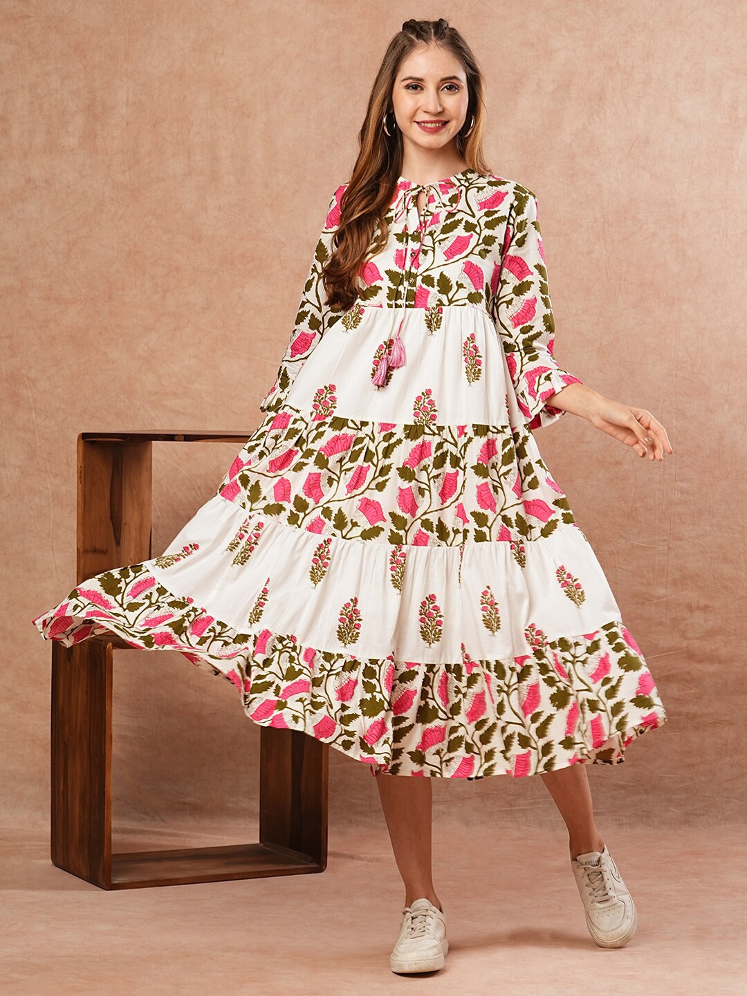 

FASHOR Floral Print Tie-Up Neck Tiered Cotton A-Line Midi Dress, Off white