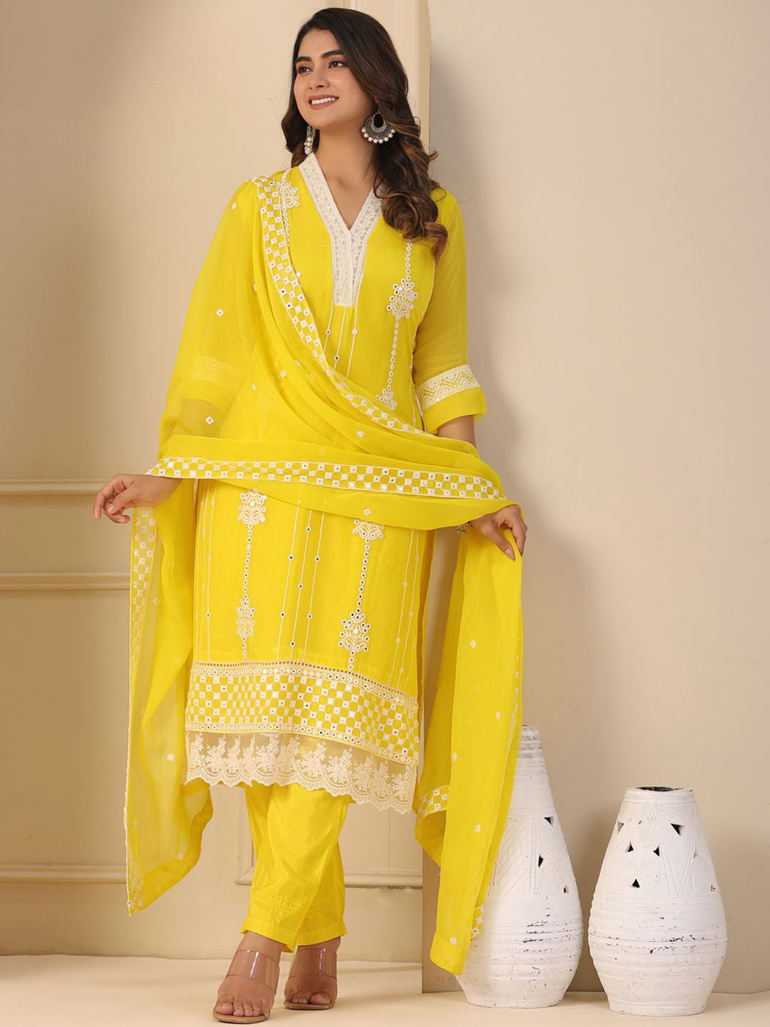 

FASHOR Floral Embroidered Regular Mirror Work Kurta with Trousers & Dupatta, Yellow