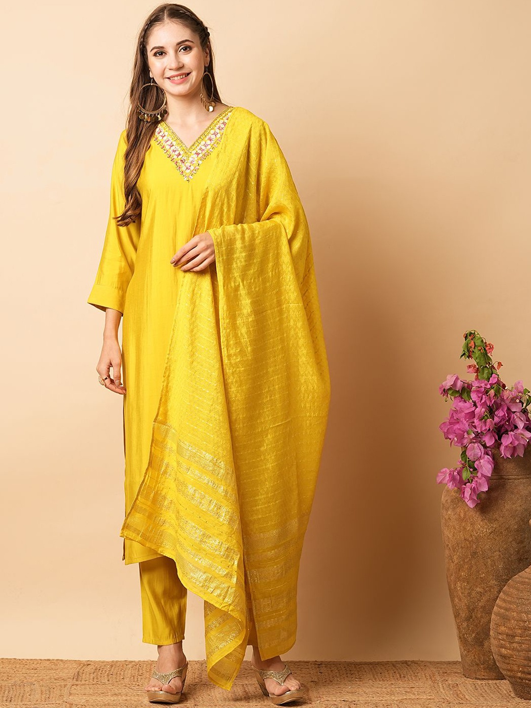

FASHOR Ethnic Motifs Embroidered Regular Kurta with Trousers & Dupatta, Yellow