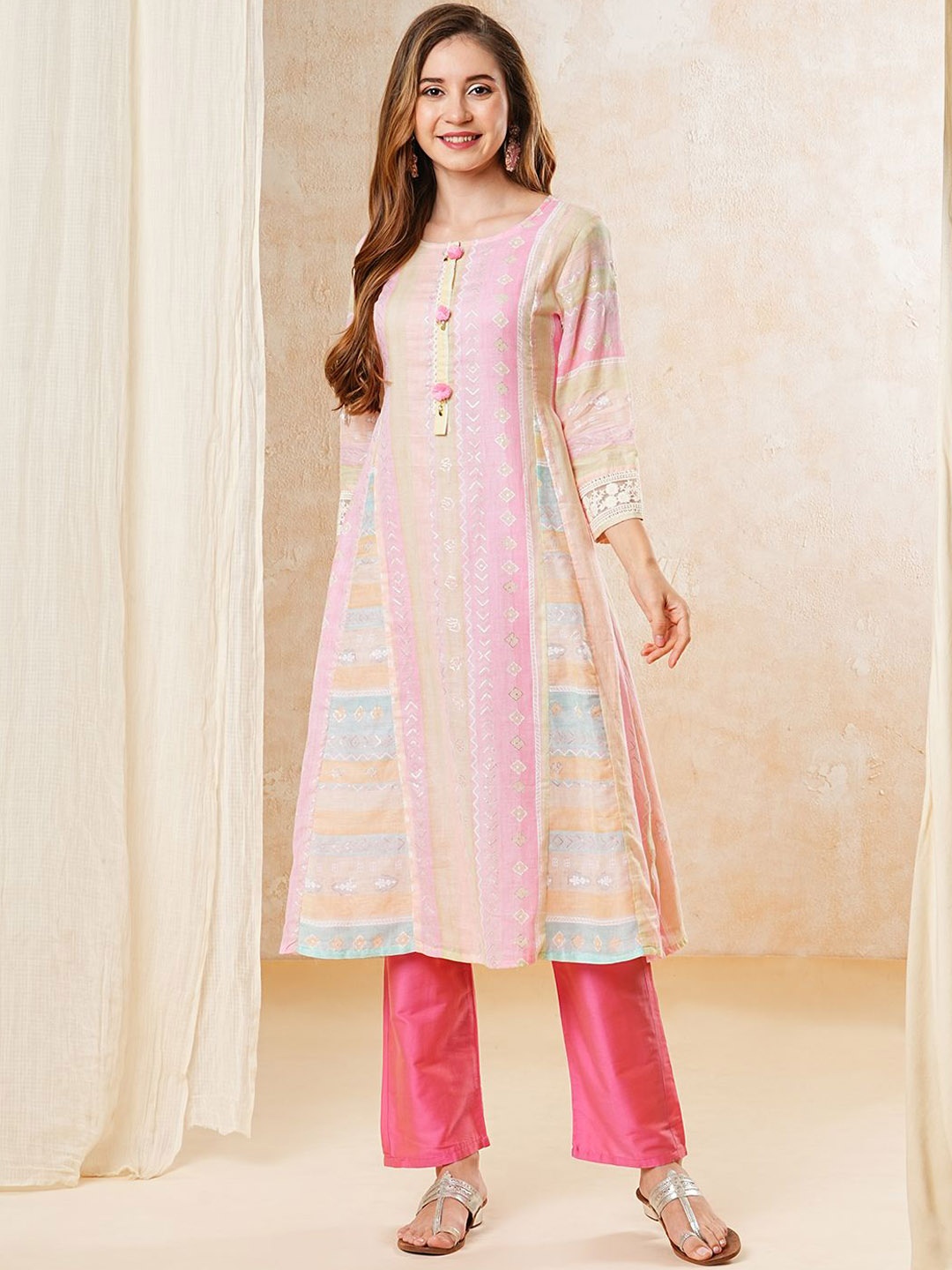

FASHOR Embroidered Sequinned A-Line Paneled Kurta, Pink