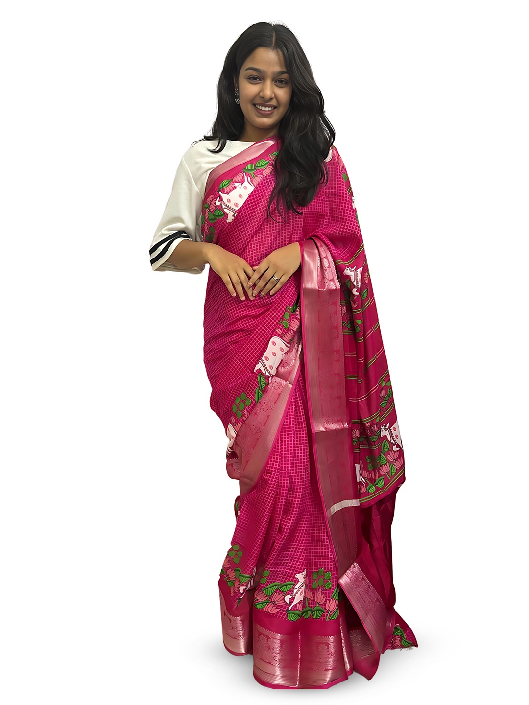 

SANJANA SILK Floral Zari Chanderi Saree, Pink