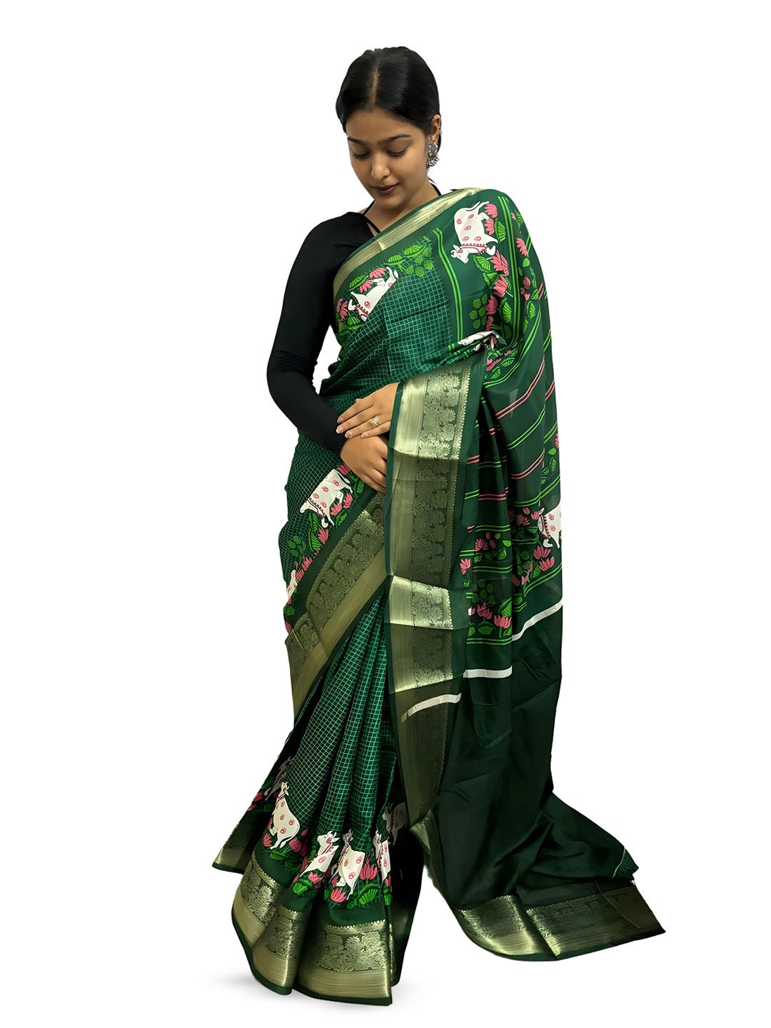 

SANJANA SILK Floral Zari Chanderi Saree, Green