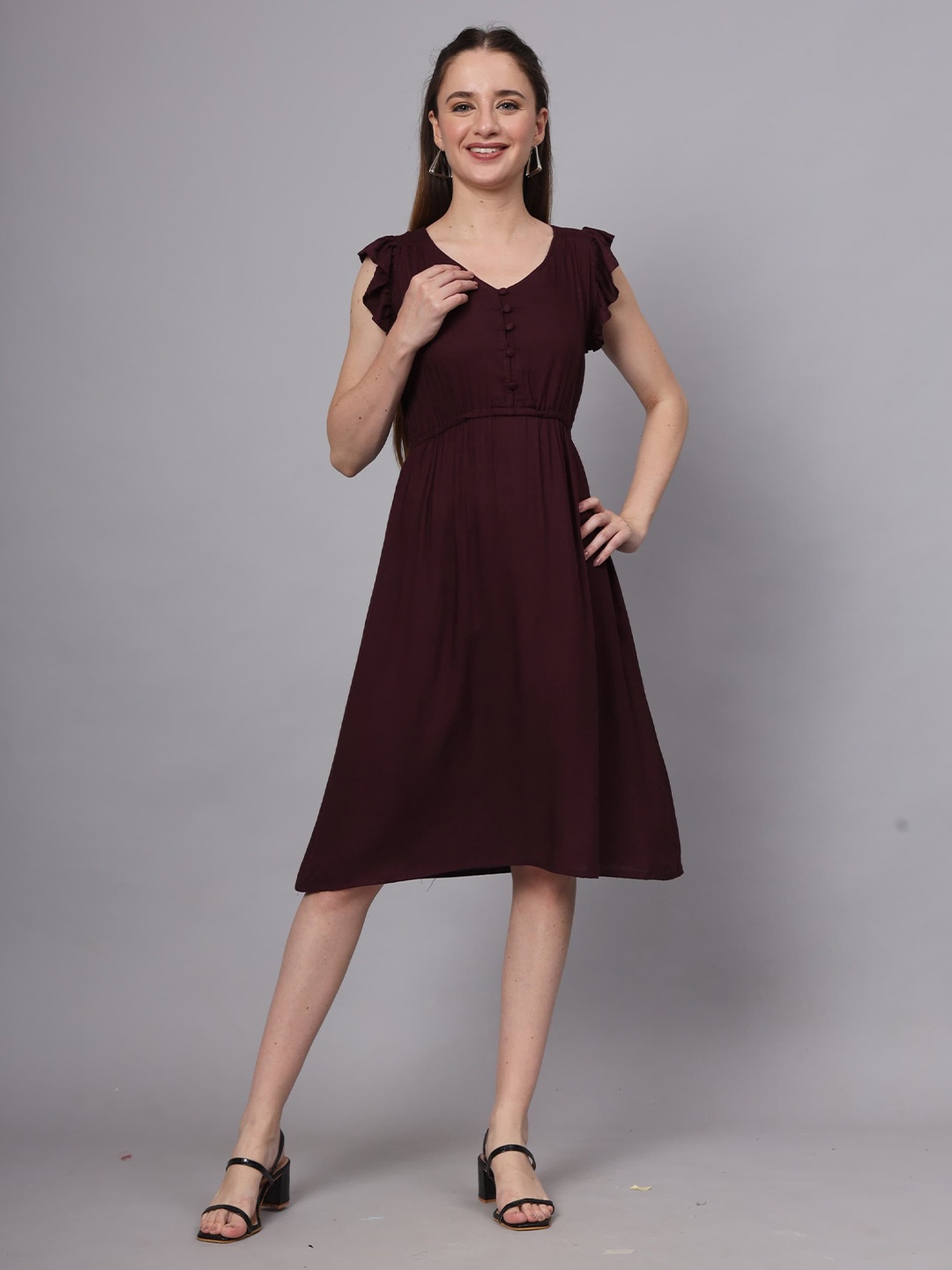 

VINISHAA KLOTHING V-Neck Flutter Sleeves A-Fit and Flare Midi Dress, Maroon