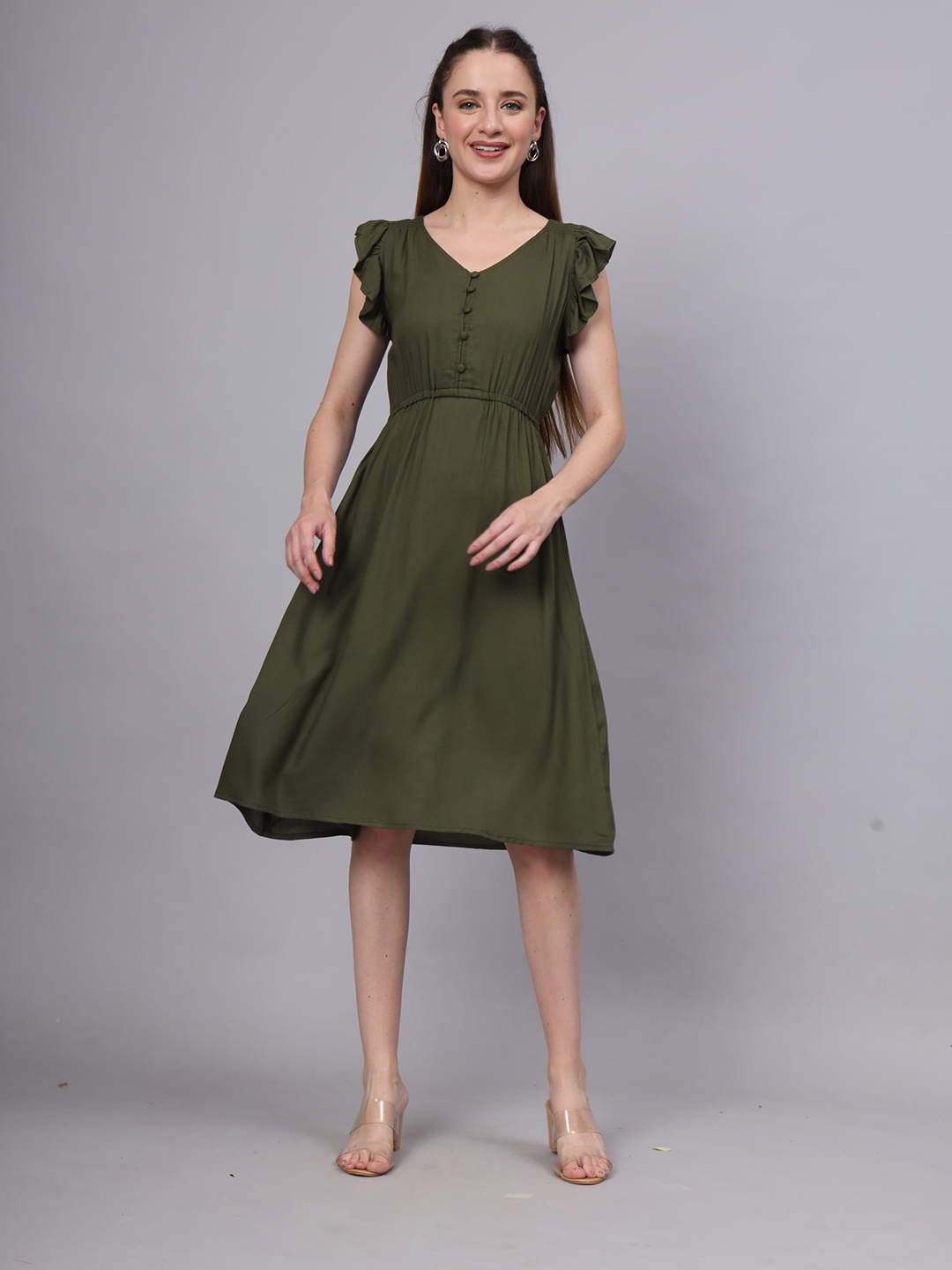 

VINISHAA KLOTHING V-Neck Flutter Sleeves A-Fit and Flare Midi Dress, Green