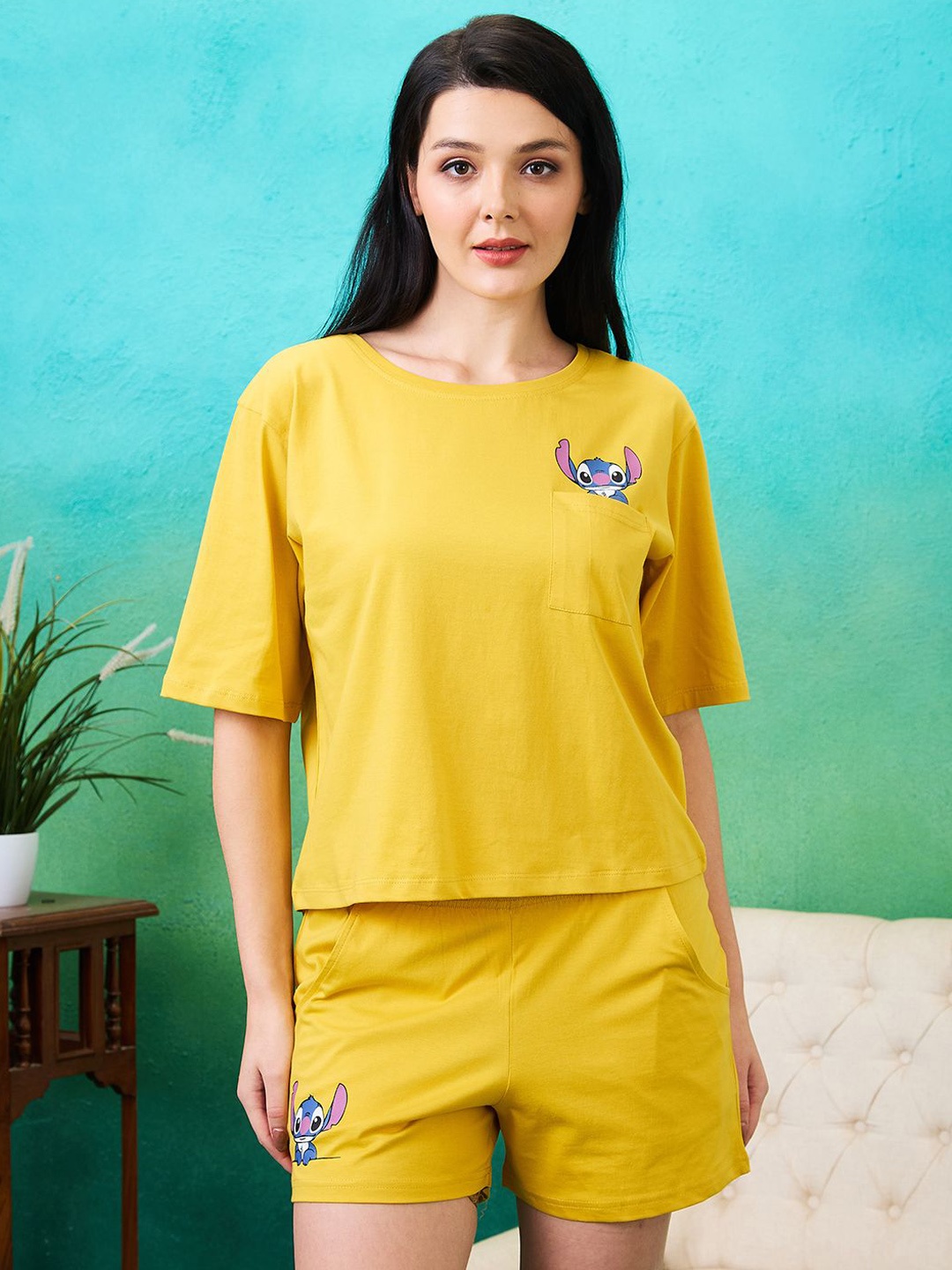 

AV2 Round Neck Short Sleeves Pure Cotton T-shirt With Shorts, Yellow