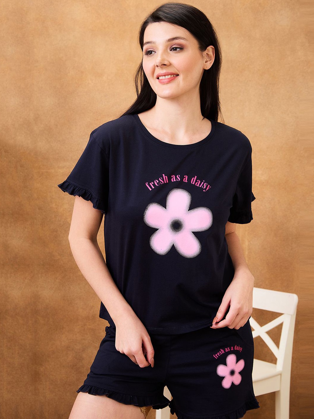 

AV2 Floral Printed Round Neck Short Sleeves Pure Cotton T-shirt With Shorts, Navy blue