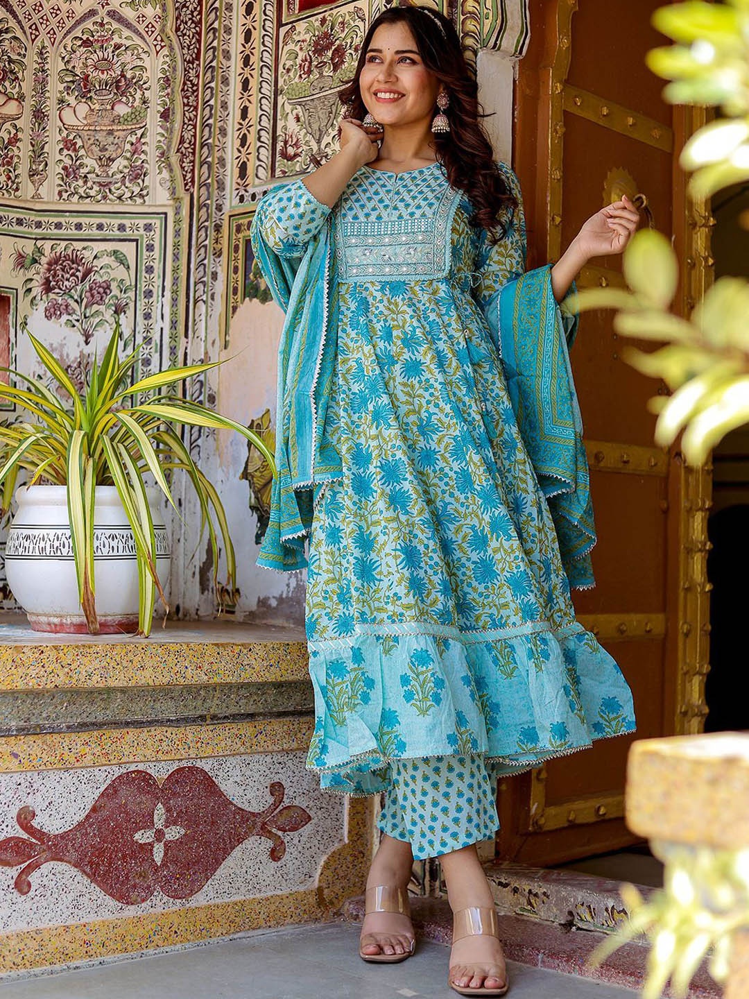 

VASVI Floral Printed Mirror Work Pure Cotton Anarkali Kurta with Pyjamas & Dupatta, Blue