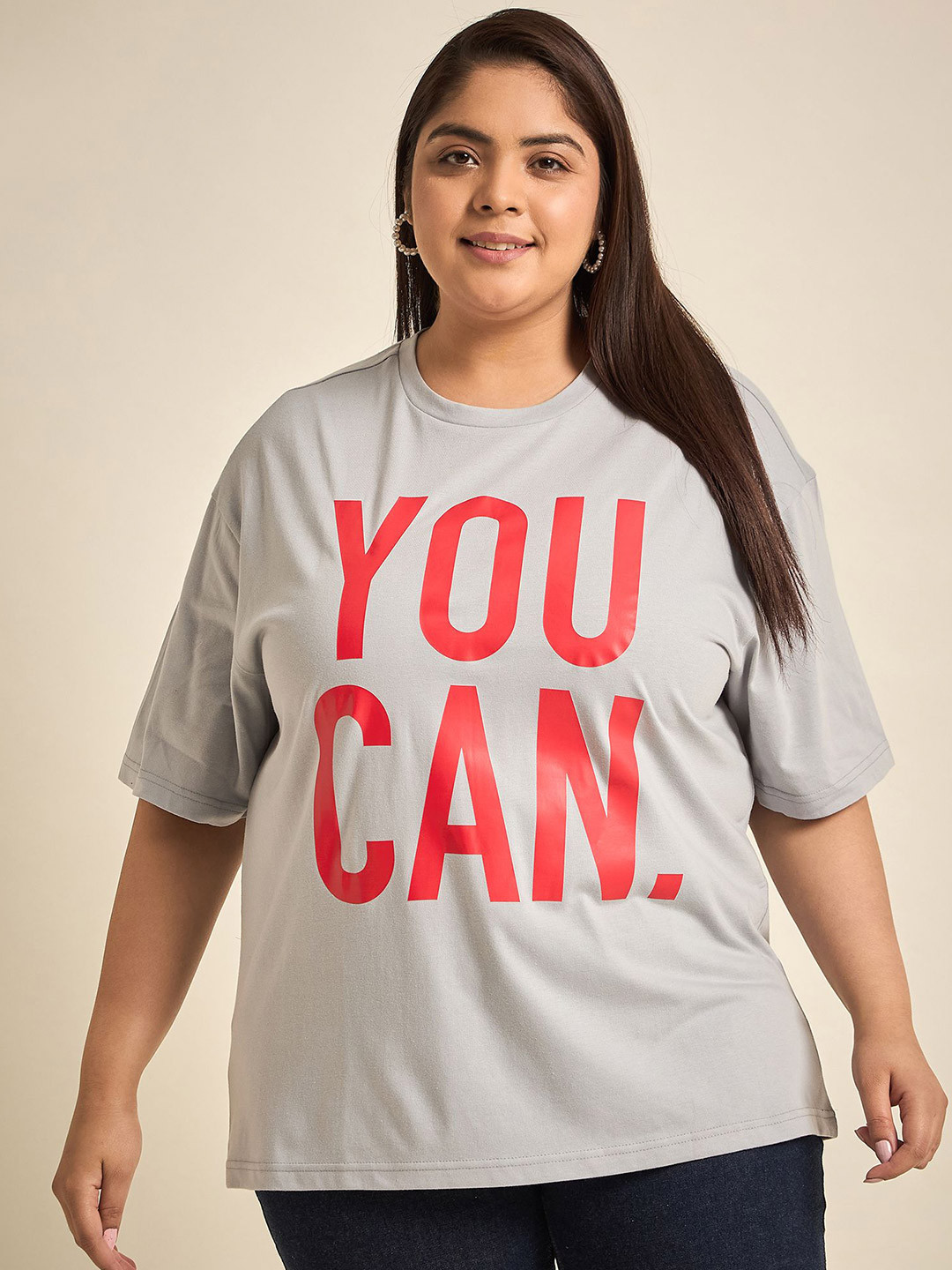 

Sztori Round Neck Typography Printed Drop-Shoulder Sleeves Cotton Plus Size T-shirt, Grey