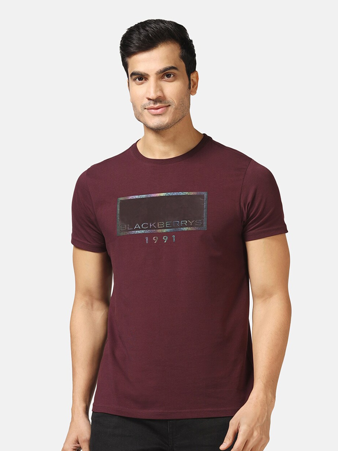 

Blackberrys Brand Logo Printed Round Neck Cotton Slim Fit T-shirt, Red