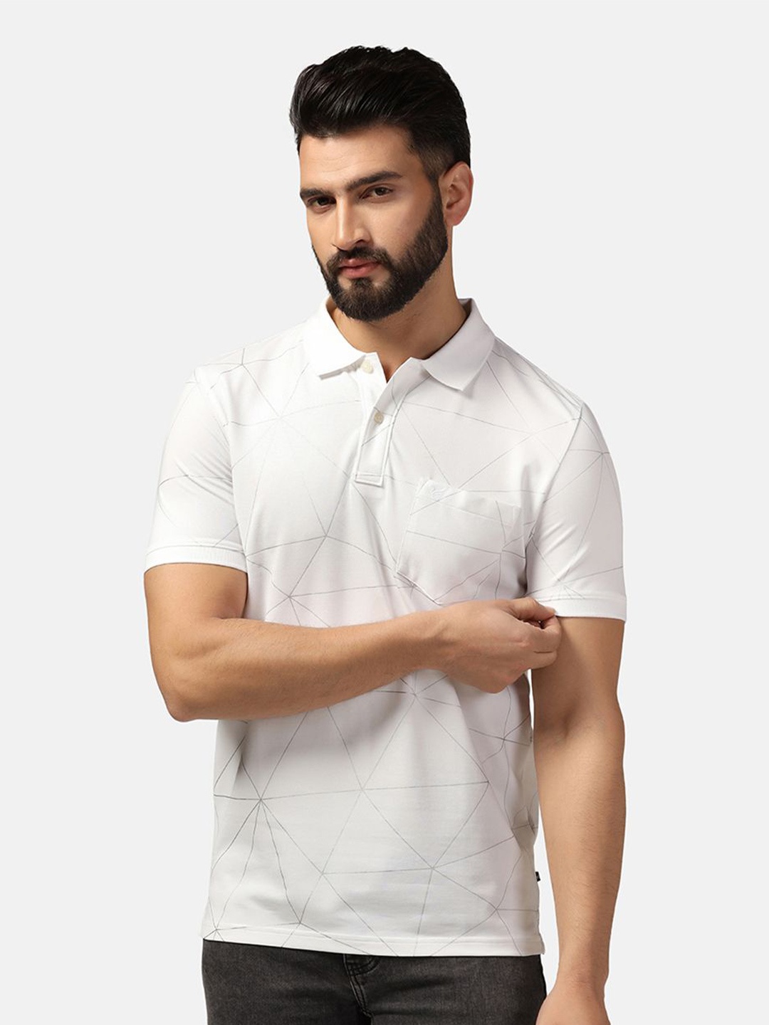 

Blackberrys Geometric Printed Slim Fit Polo Collar Cotton T-shirt, White