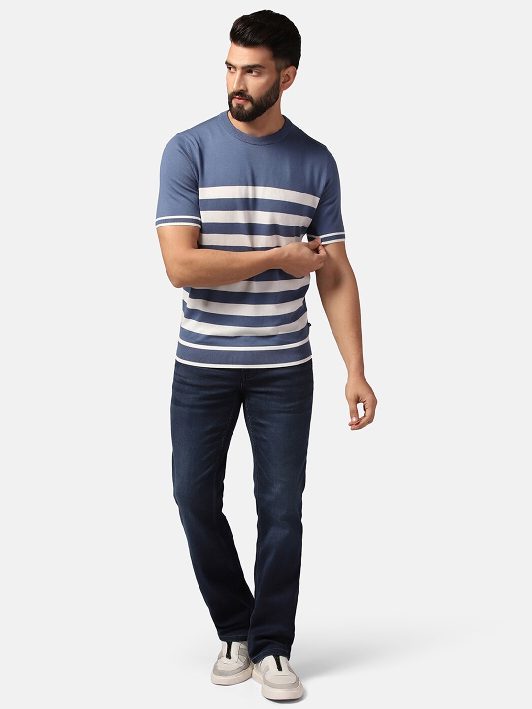 

Blackberrys Striped Round Neck Short Sleeves Cotton T-shirt, Blue