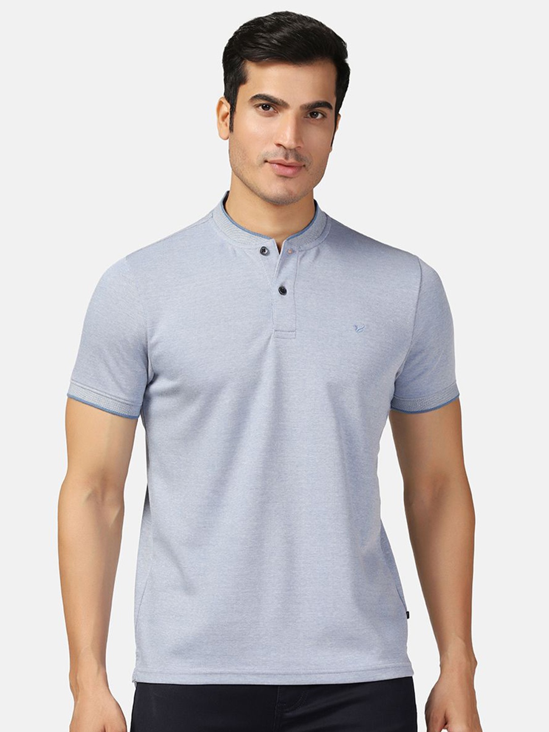 

Blackberrys Mandarin Collar Short Sleeves Slim Fit Cotton T-shirt, Blue