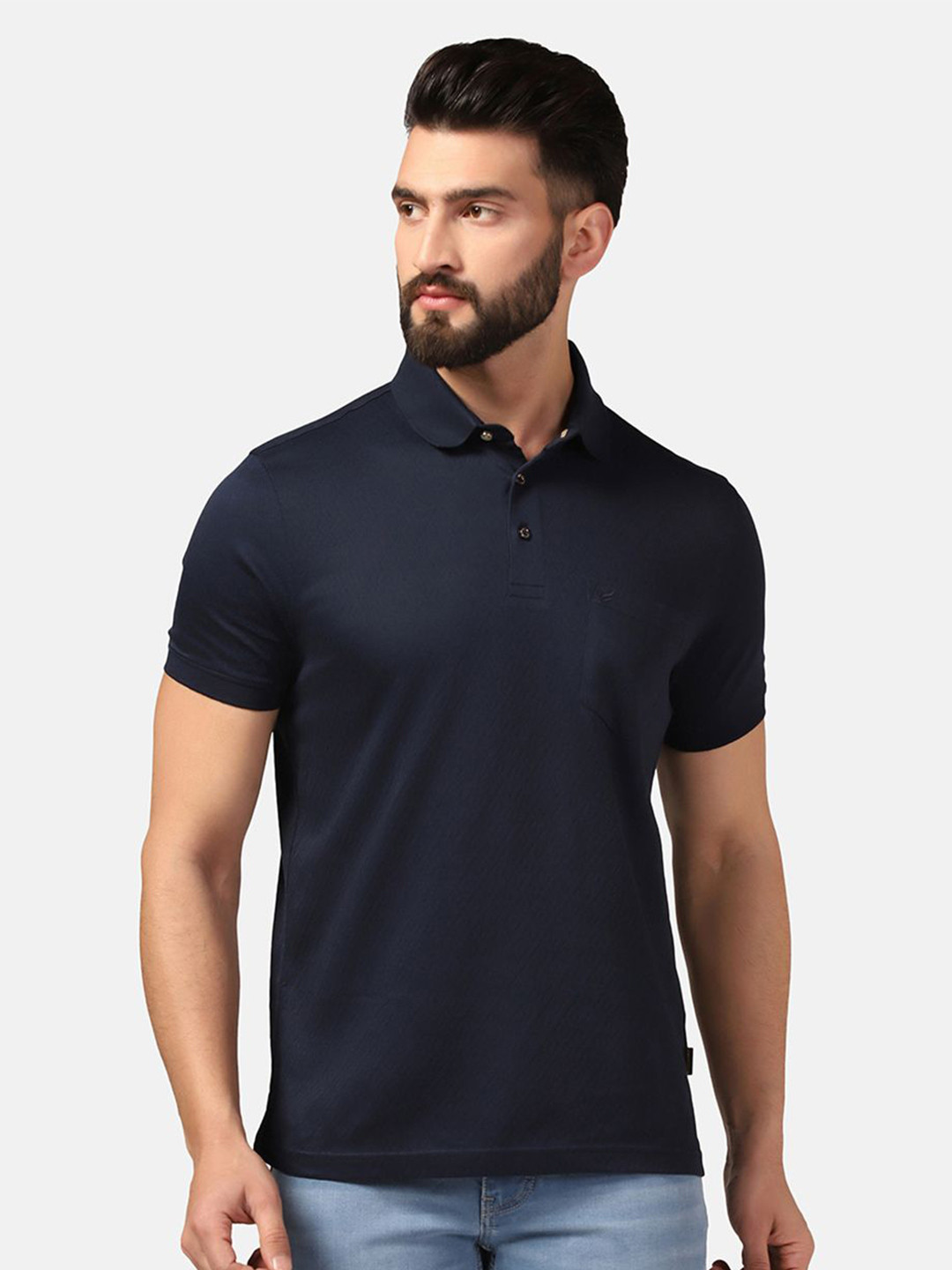 

Blackberrys Self Design Polo Collar Short Sleeves Cotton Slim Fit T-shirt, Navy blue
