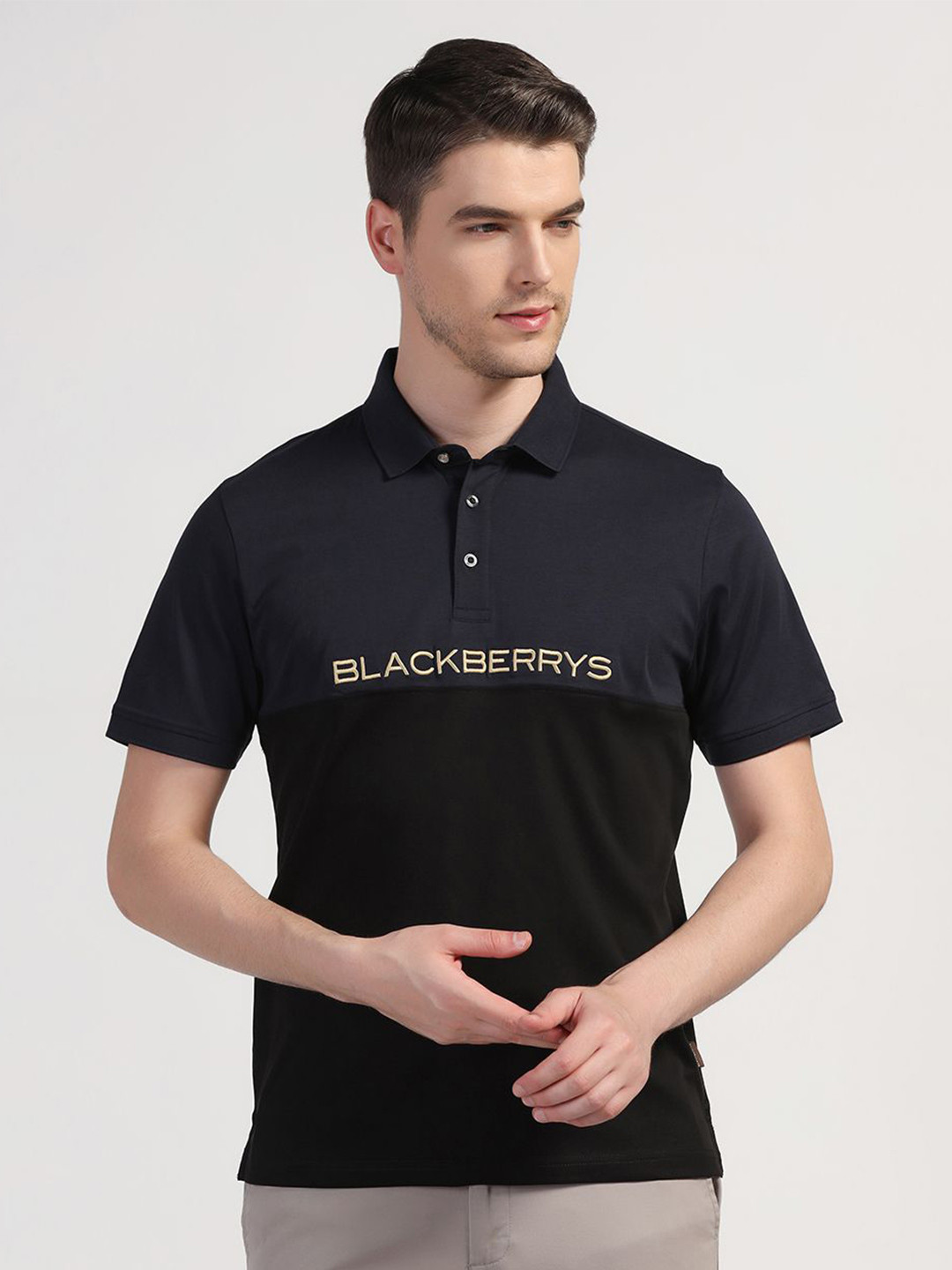 

Blackberrys Colourblocked Polo Collar Cotton Slim Fit T-shirt, Navy blue