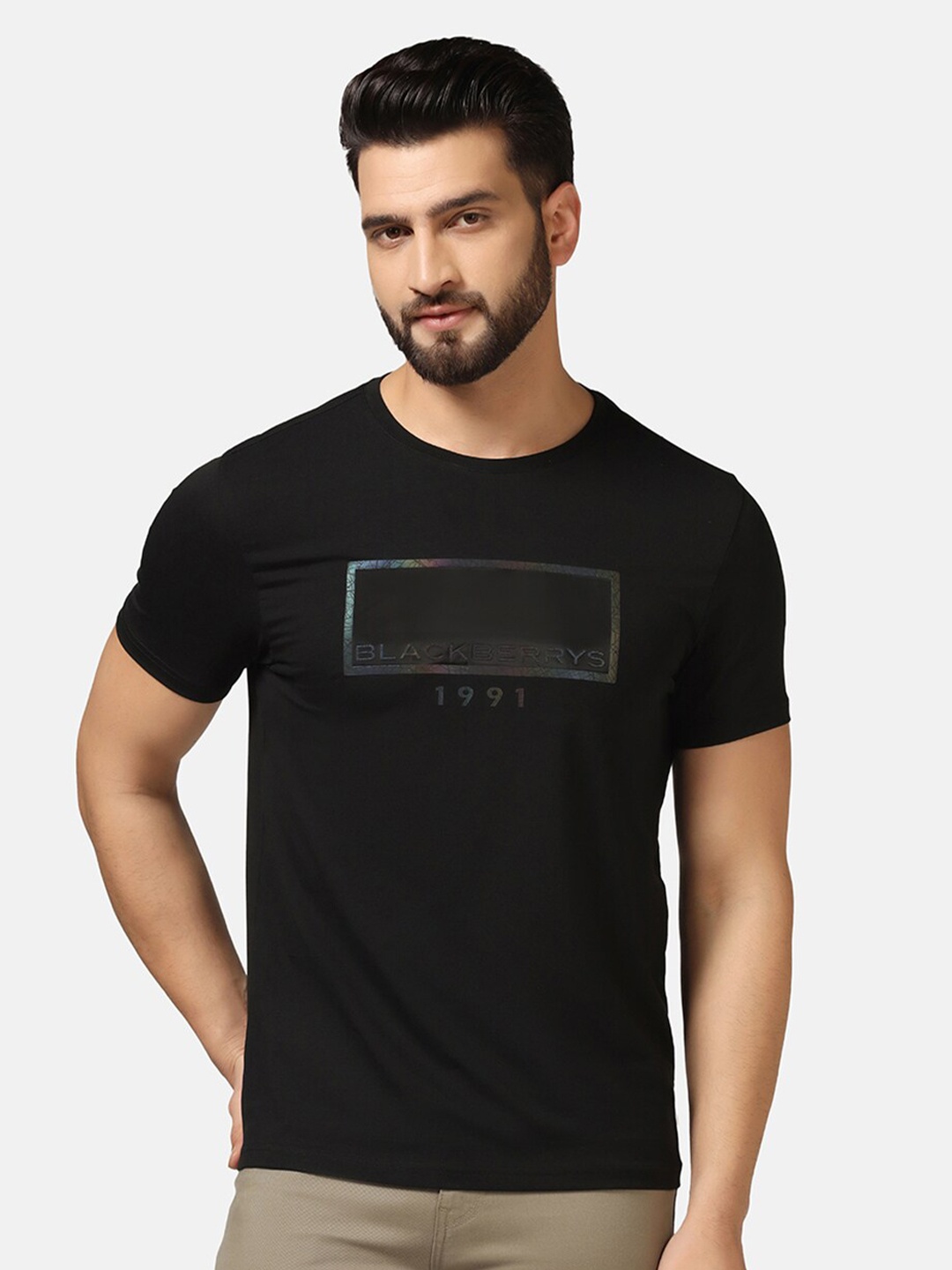 Blackberrys Typography Print Round Neck Cotton Slim Fit T-shirt, Black