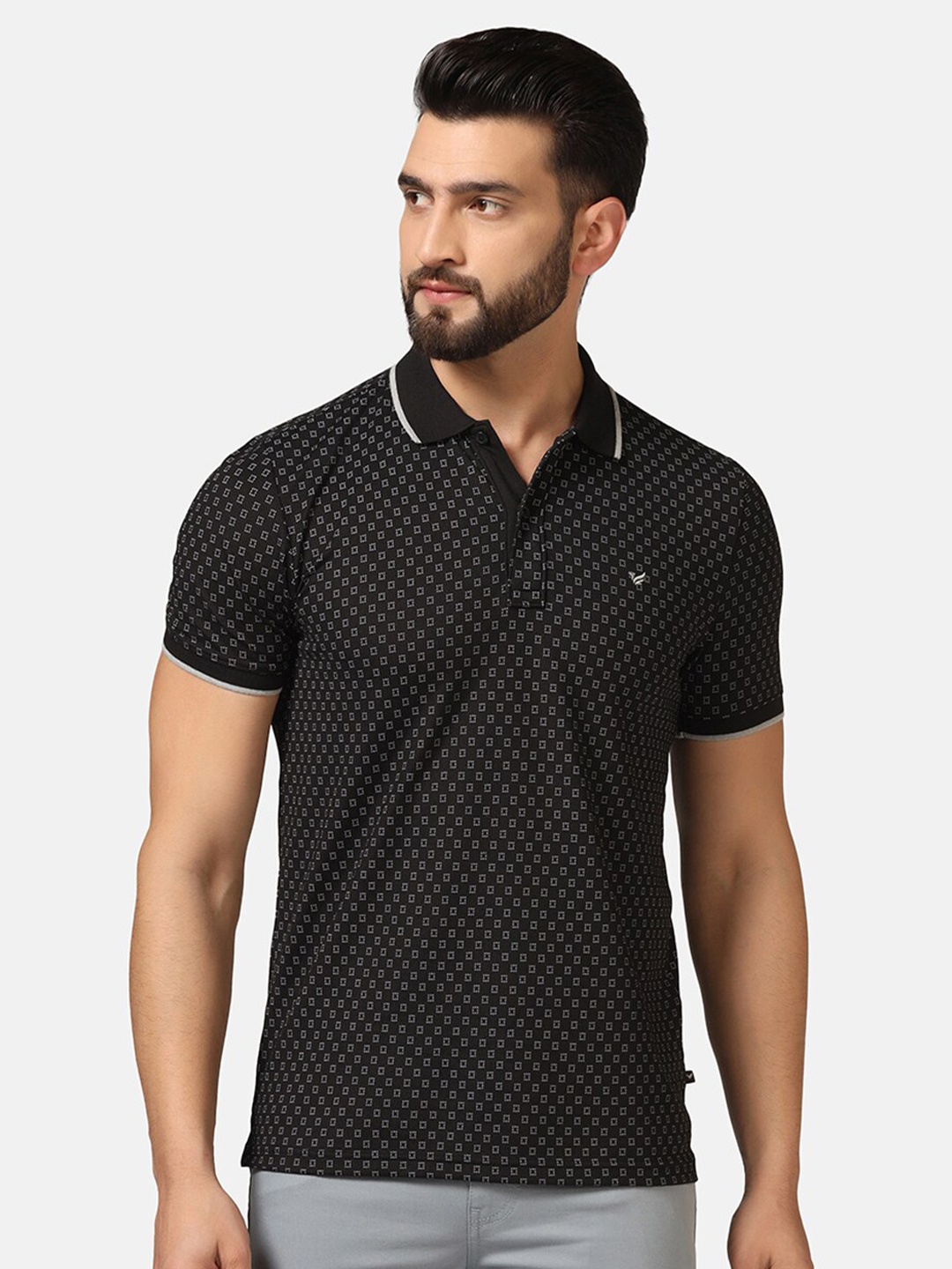 

Blackberrys Geometric Printed Polo Collar Cotton Slim Fit T-shirt, Black