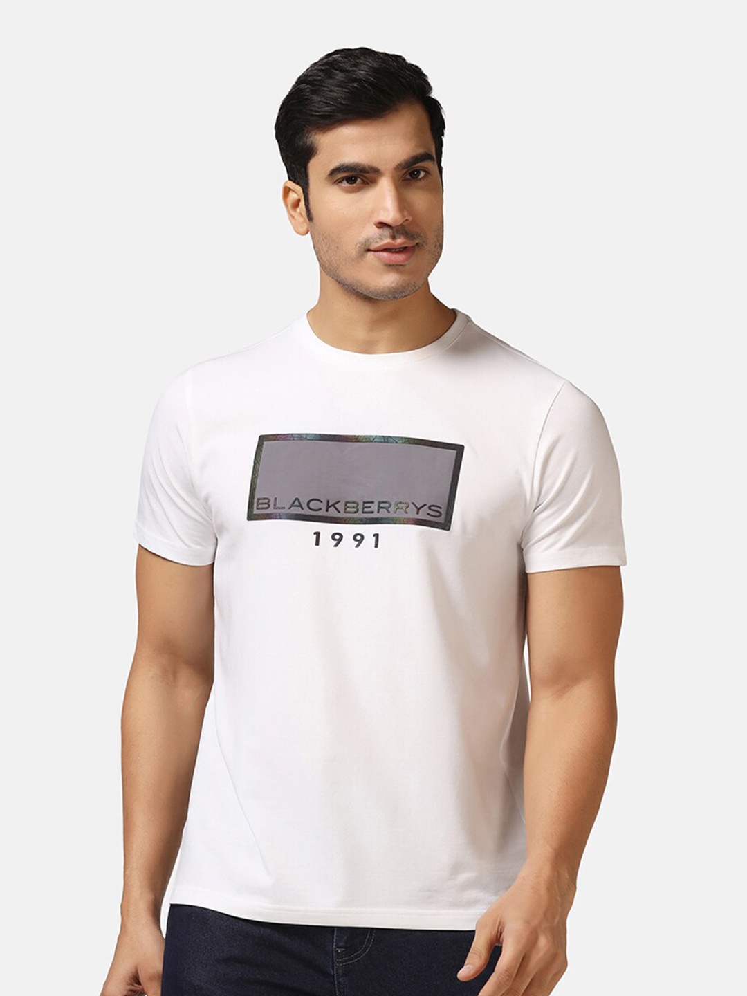 

Blackberrys Slim Fit Typography Printed Round Neck Cotton T-shirt, White