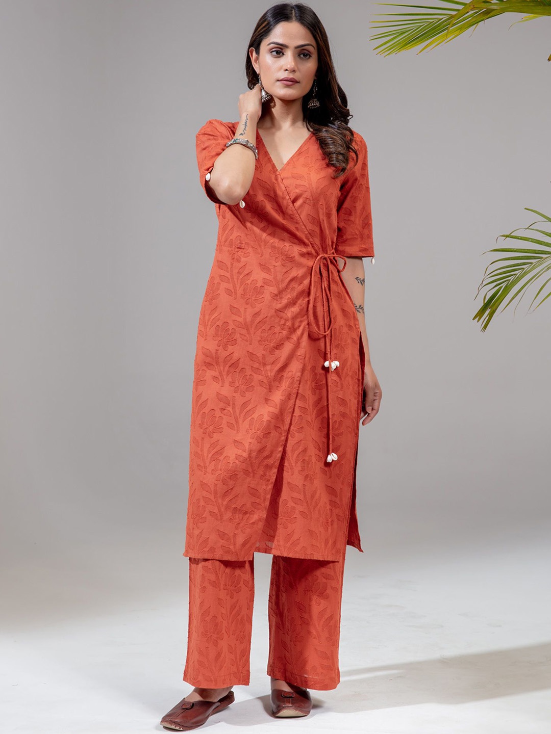 

KASYA Floral Printed Angrakha Pure Cotton Kurta with Palazzos, Rust