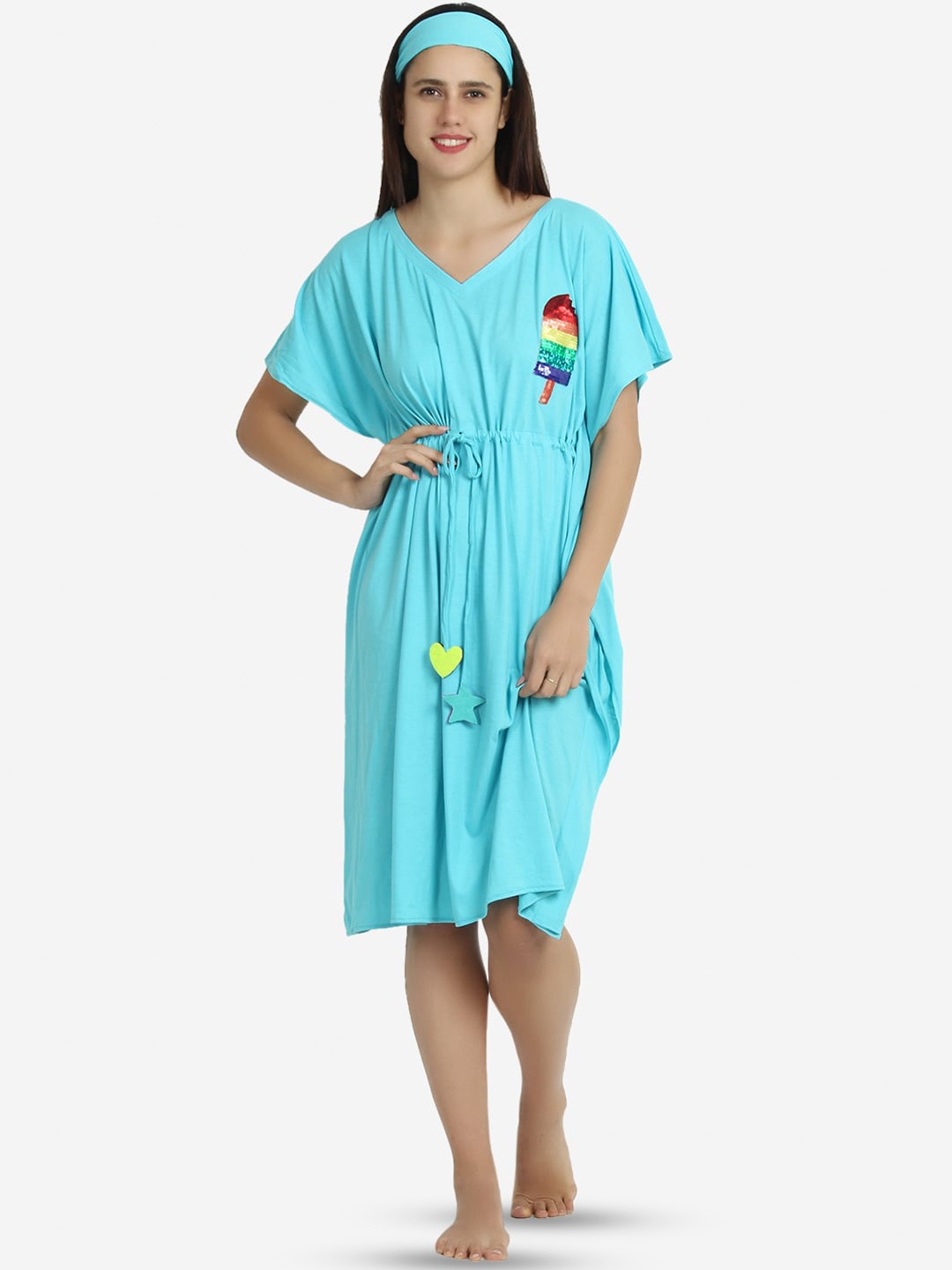 

Beau Design Sequinned V-Neck Pure Cotton Kaftan Nightdress, Blue