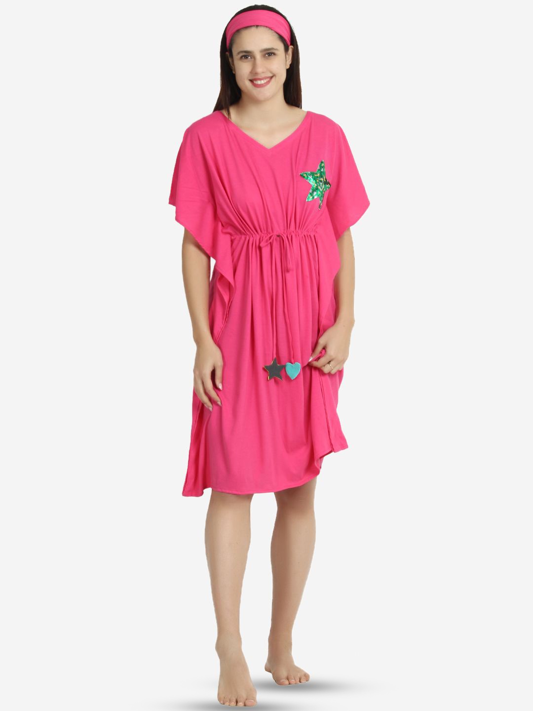 

Beau Design Sequinned V-Neck Pure Cotton Kaftan Nightdress, Pink